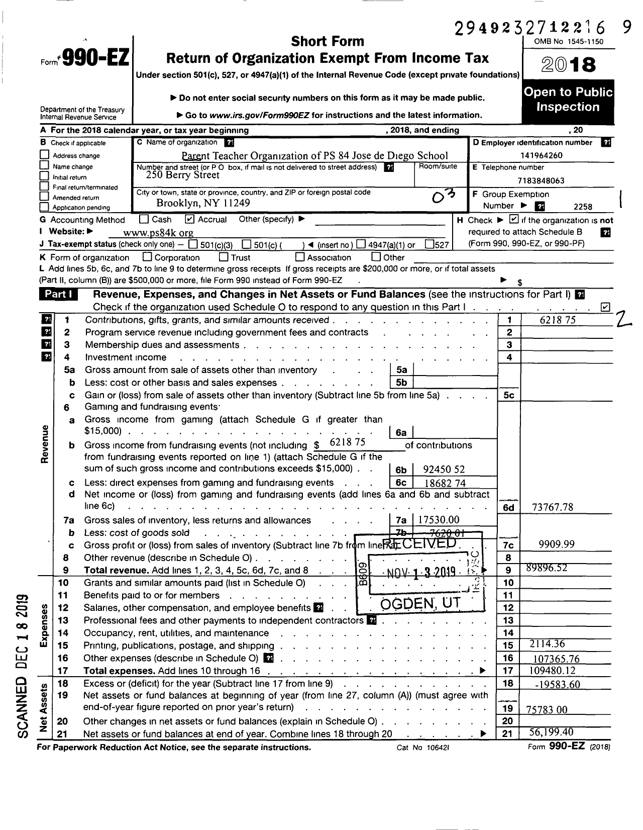Image of first page of 2018 Form 990EZ for Parent Teacher Association of P S 84 the Jose de Diego School