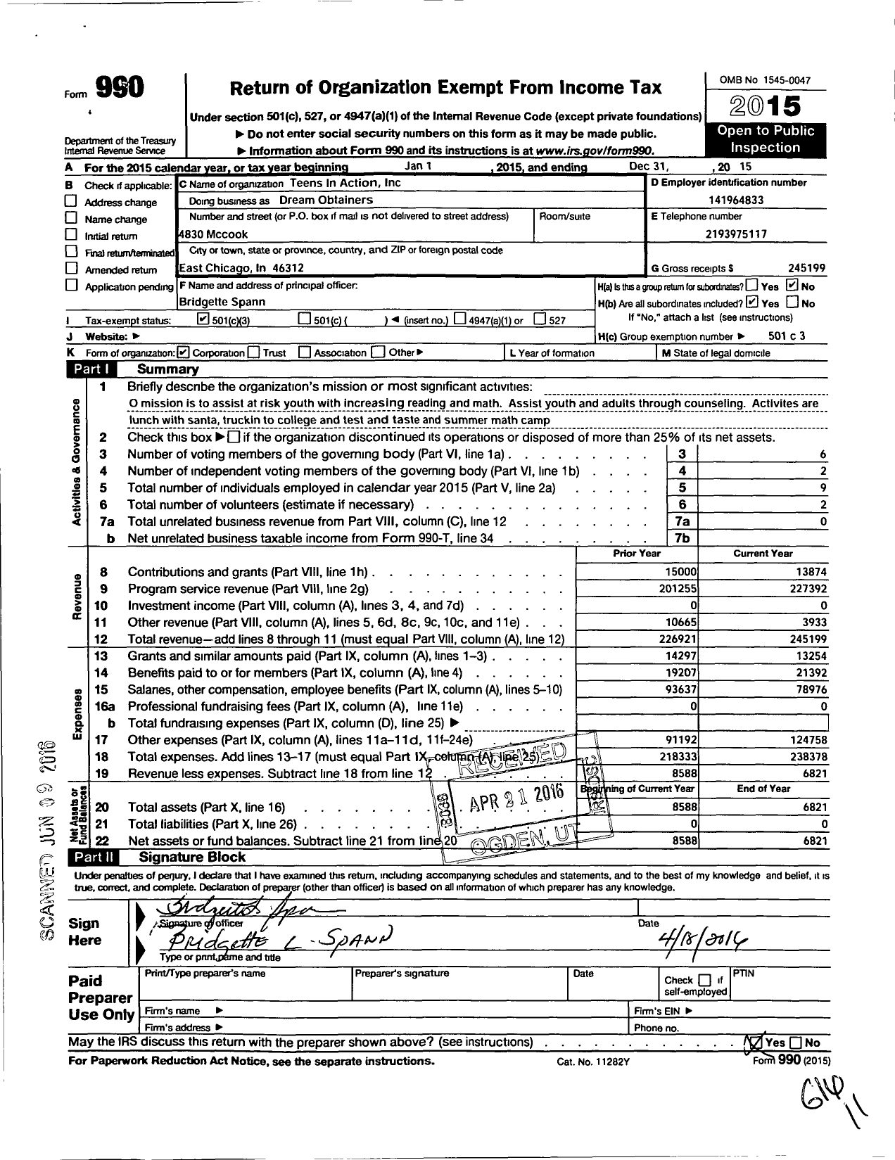 Image of first page of 2015 Form 990 for Teens In Action