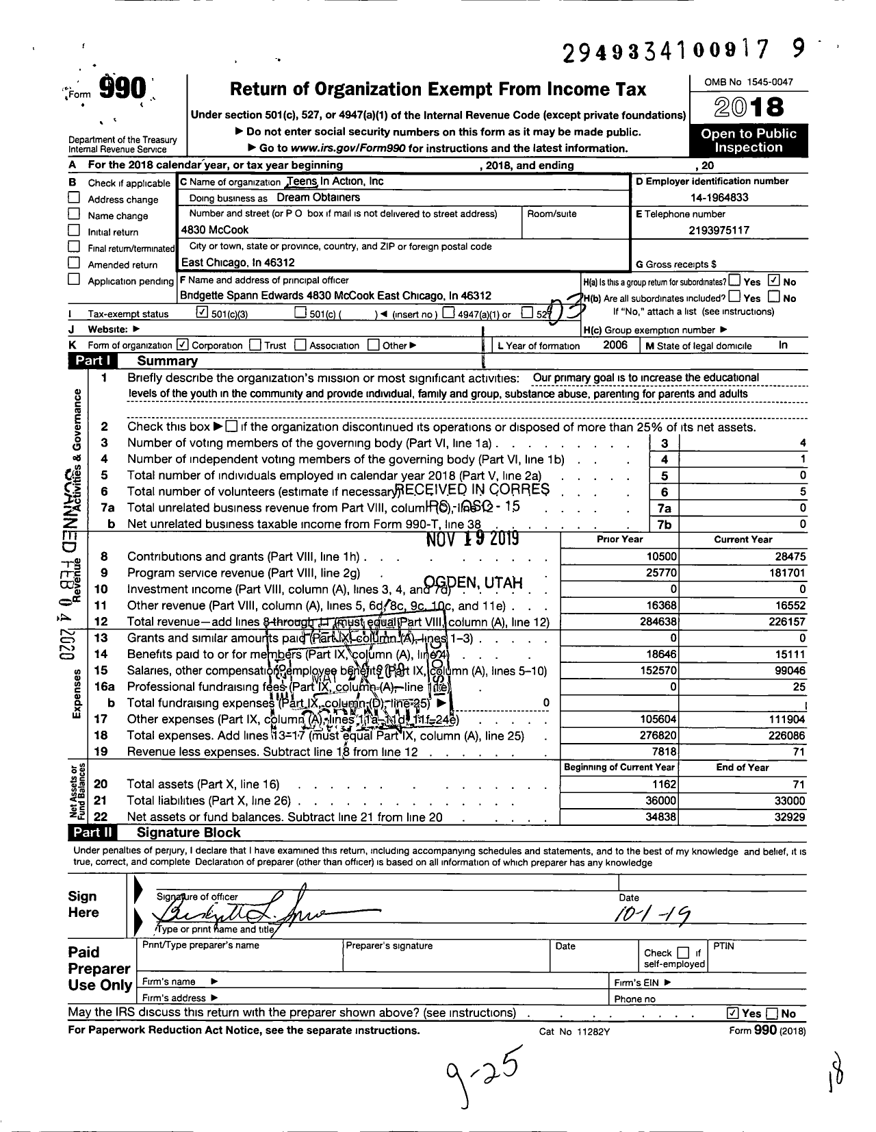 Image of first page of 2018 Form 990 for Teens In Action