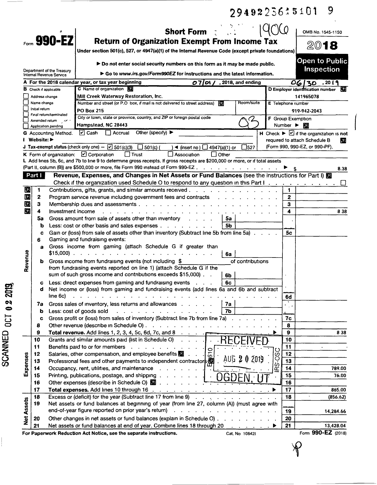 Image of first page of 2018 Form 990EZ for Millcreek Creek Waterway Restoration