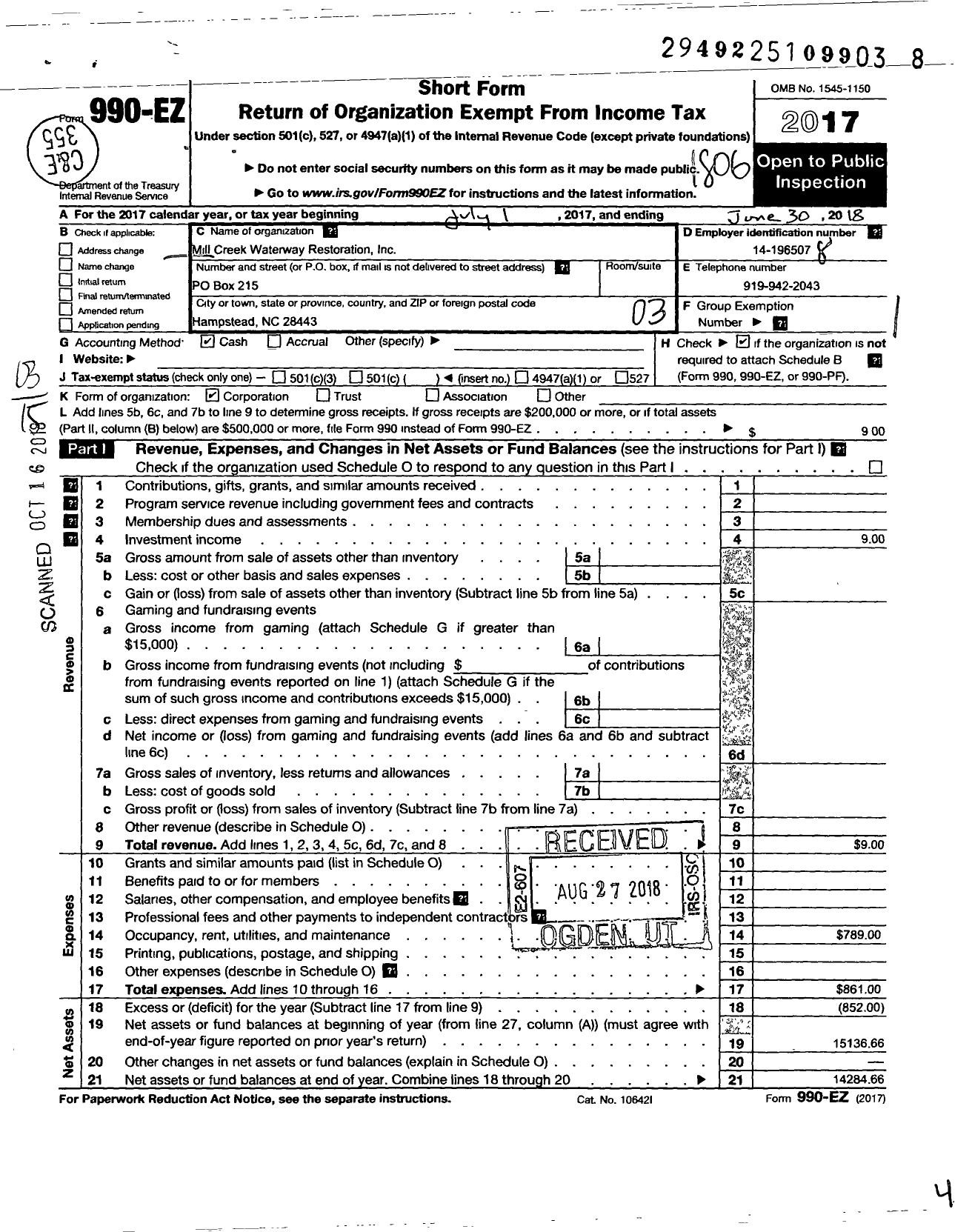 Image of first page of 2017 Form 990EZ for Millcreek Creek Waterway Restoration