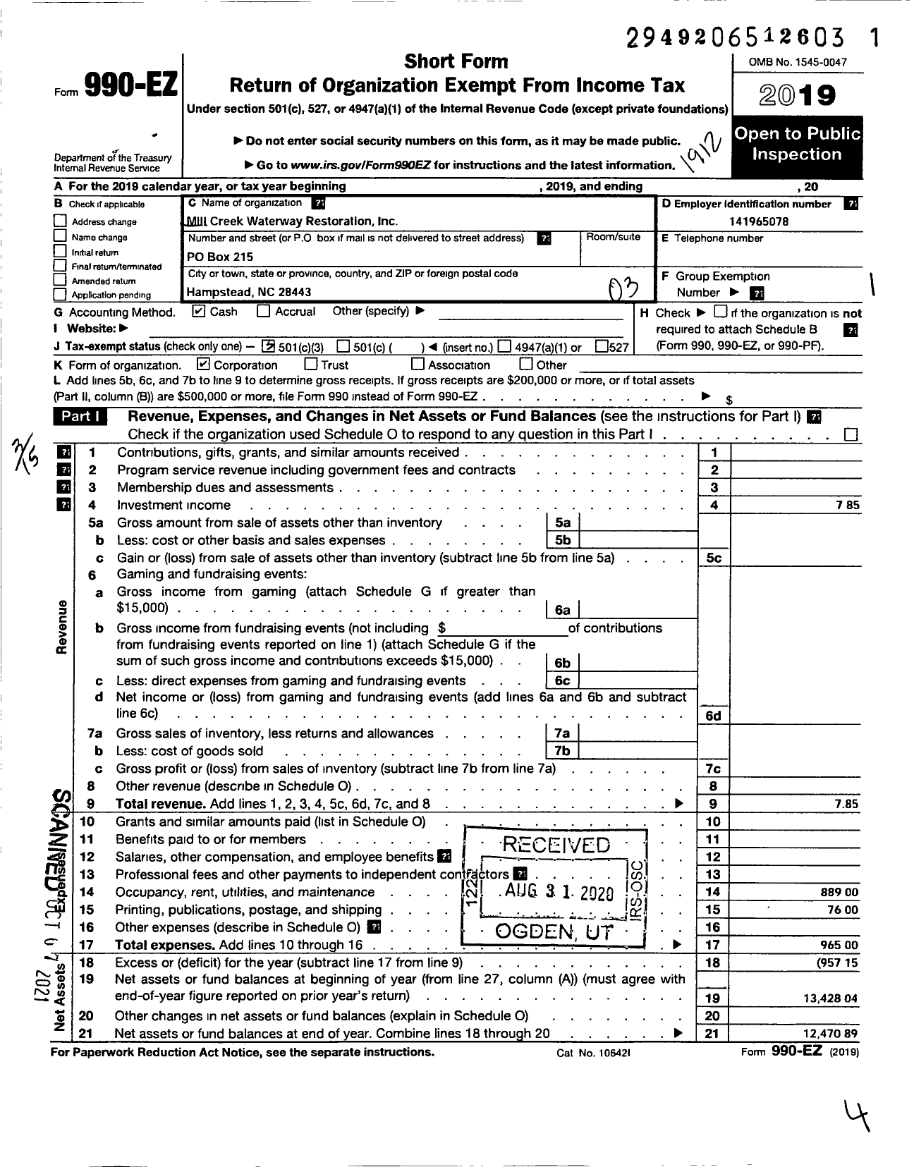 Image of first page of 2019 Form 990EZ for Millcreek Creek Waterway Restoration