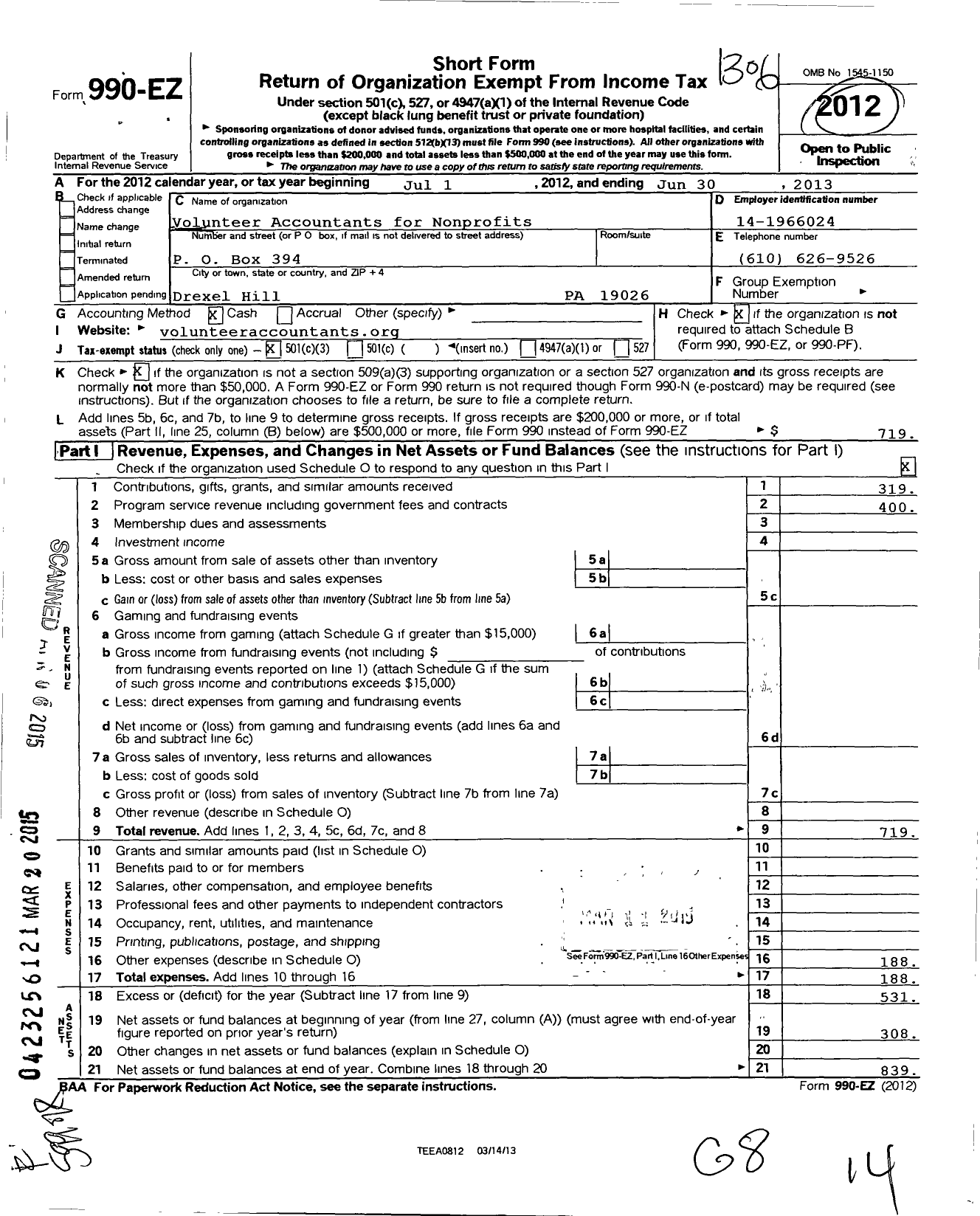 Image of first page of 2012 Form 990EZ for Volunteer Accountants for Nonprofits