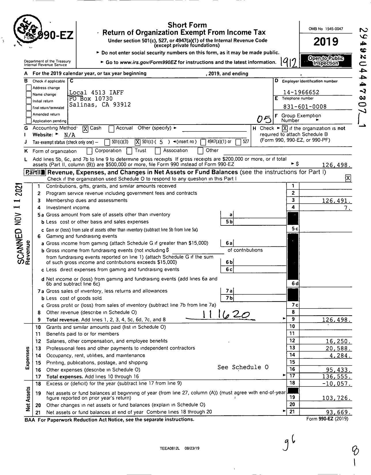 Image of first page of 2019 Form 990EO for International Association of Fire Fighters - I0086 Monterey County Ems