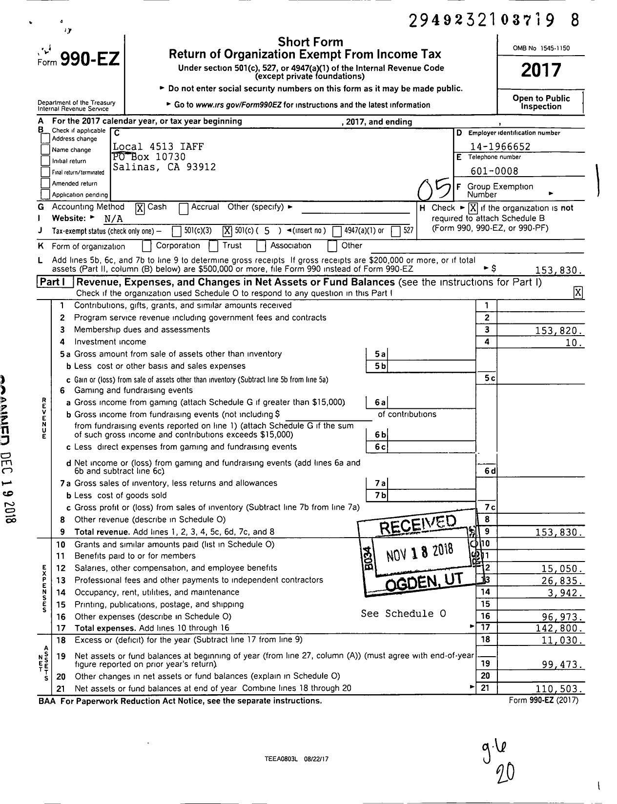 Image of first page of 2017 Form 990EO for International Association of Fire Fighters - I0086 Monterey County Ems