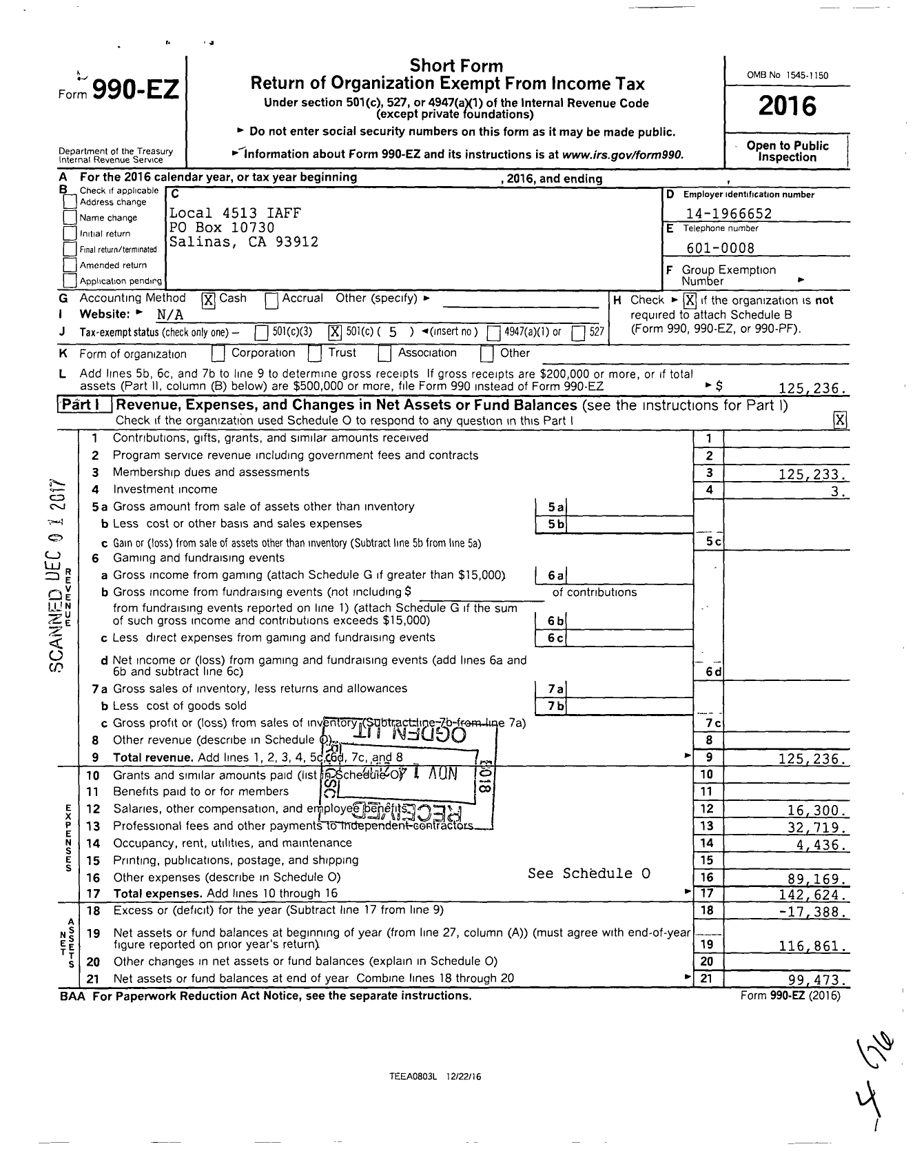 Image of first page of 2016 Form 990EO for International Association of Fire Fighters - I0086 Monterey County Ems