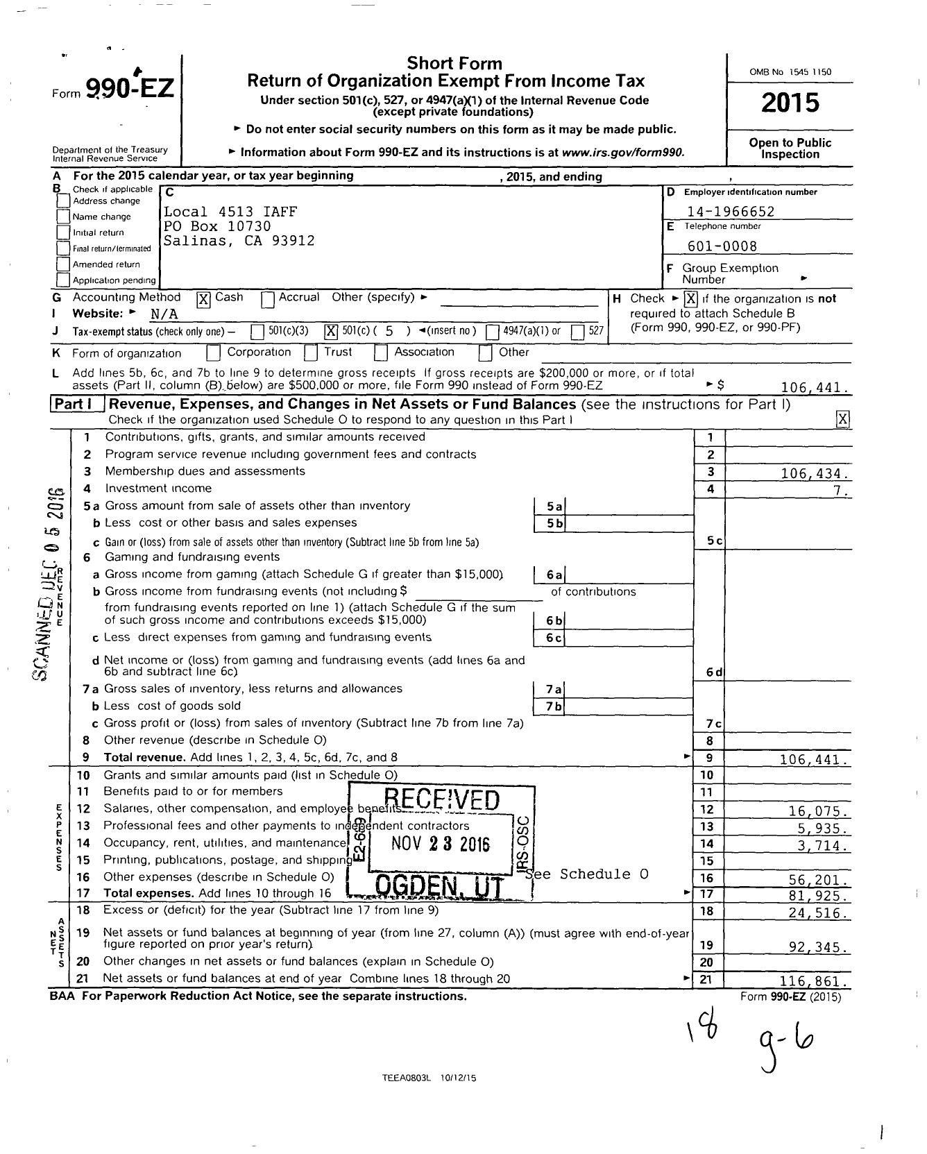 Image of first page of 2015 Form 990EO for International Association of Fire Fighters - I0086 Monterey County Ems