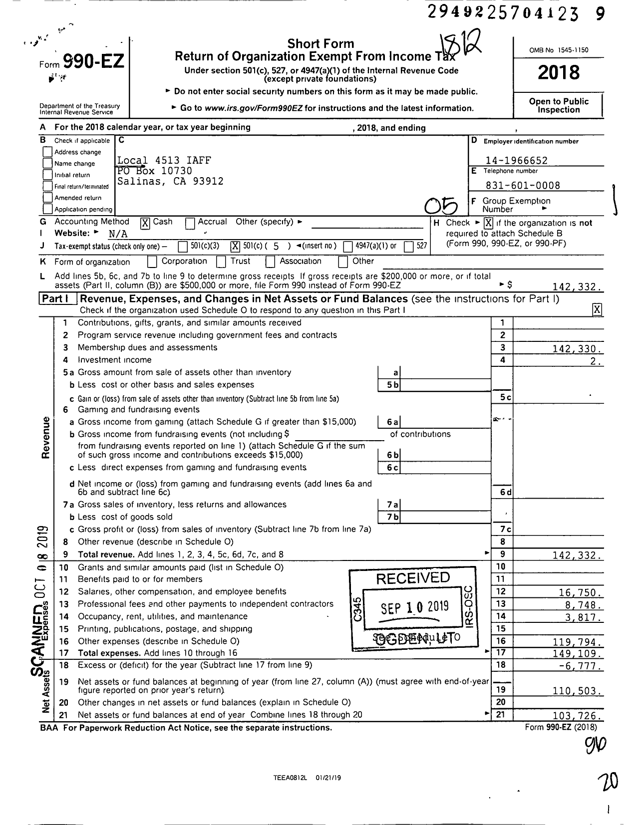 Image of first page of 2018 Form 990EO for International Association of Fire Fighters - I0086 Monterey County Ems