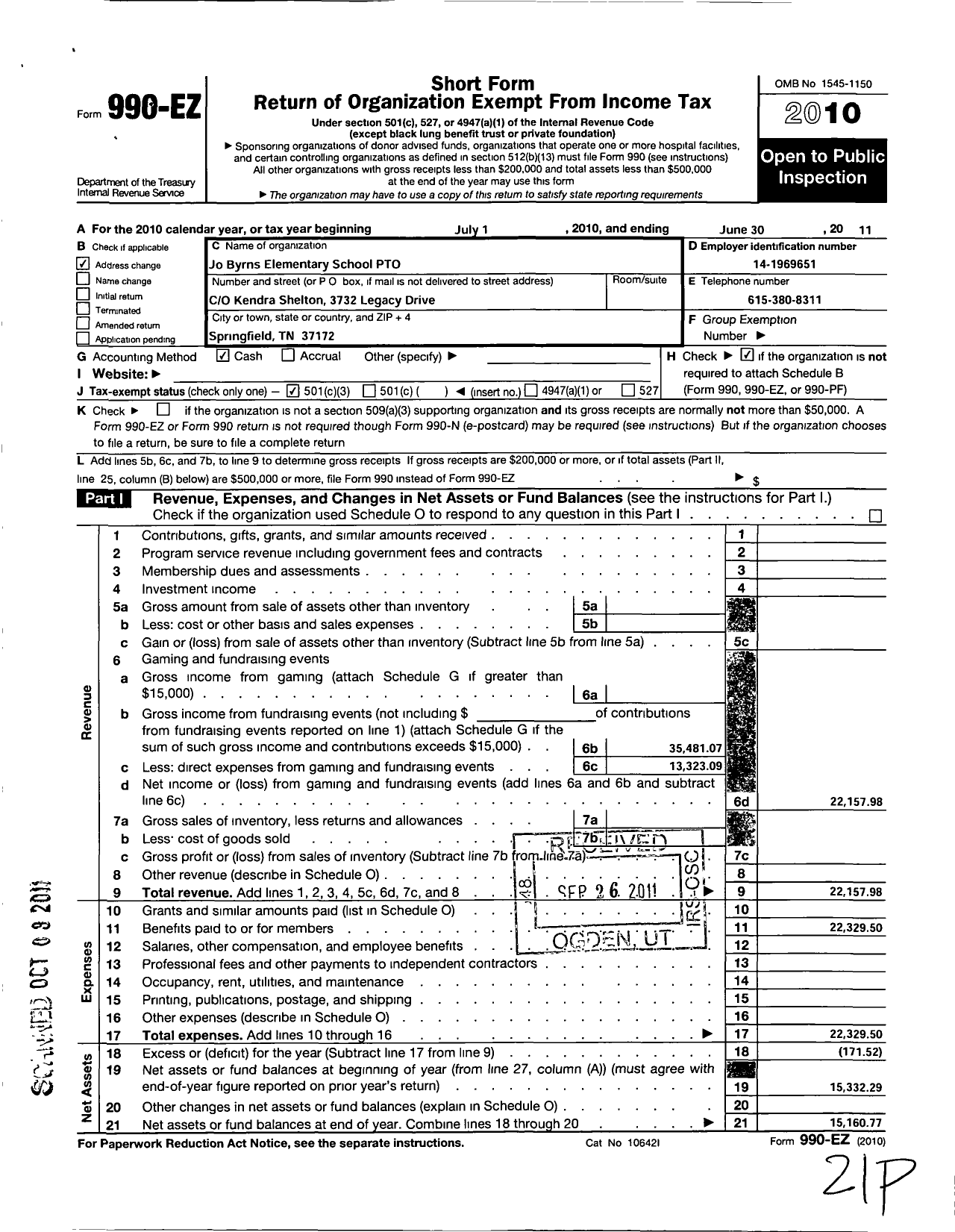 Image of first page of 2010 Form 990EZ for Jo Byrns Elementary School Pto