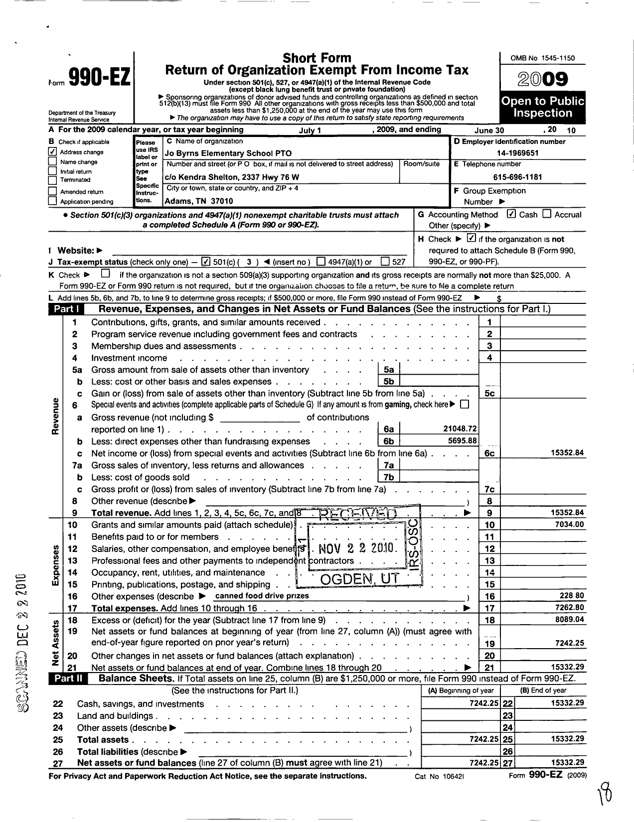 Image of first page of 2009 Form 990EZ for Jo Byrns Elementary School Pto