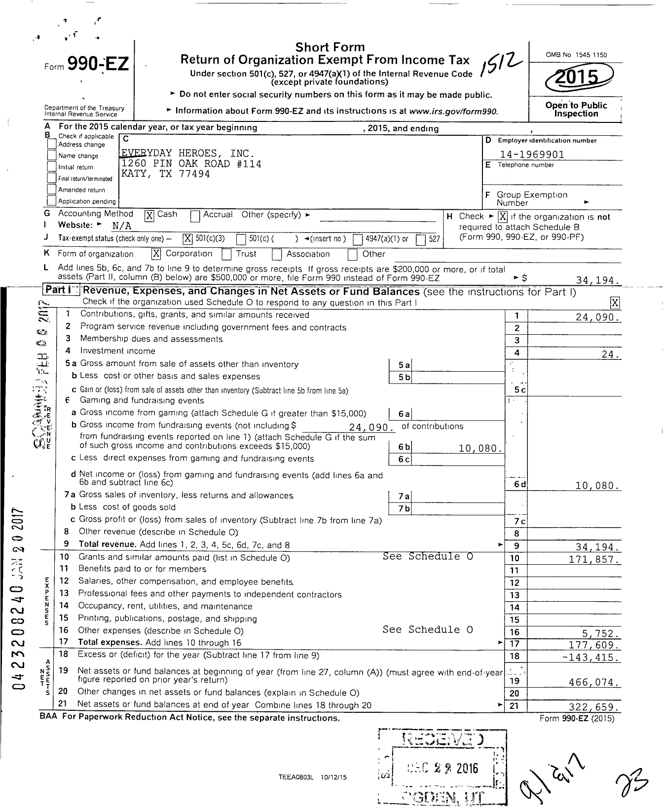 Image of first page of 2015 Form 990EZ for Everyday Heroes