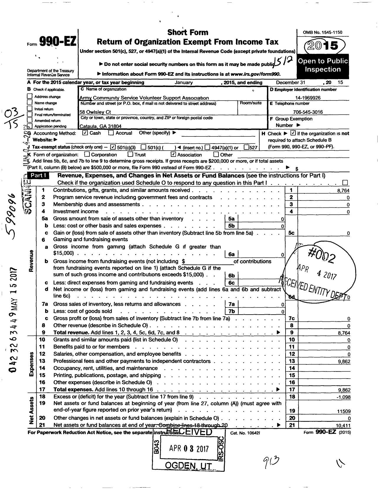 Image of first page of 2015 Form 990EZ for Army Community Service Volunteer Support Association