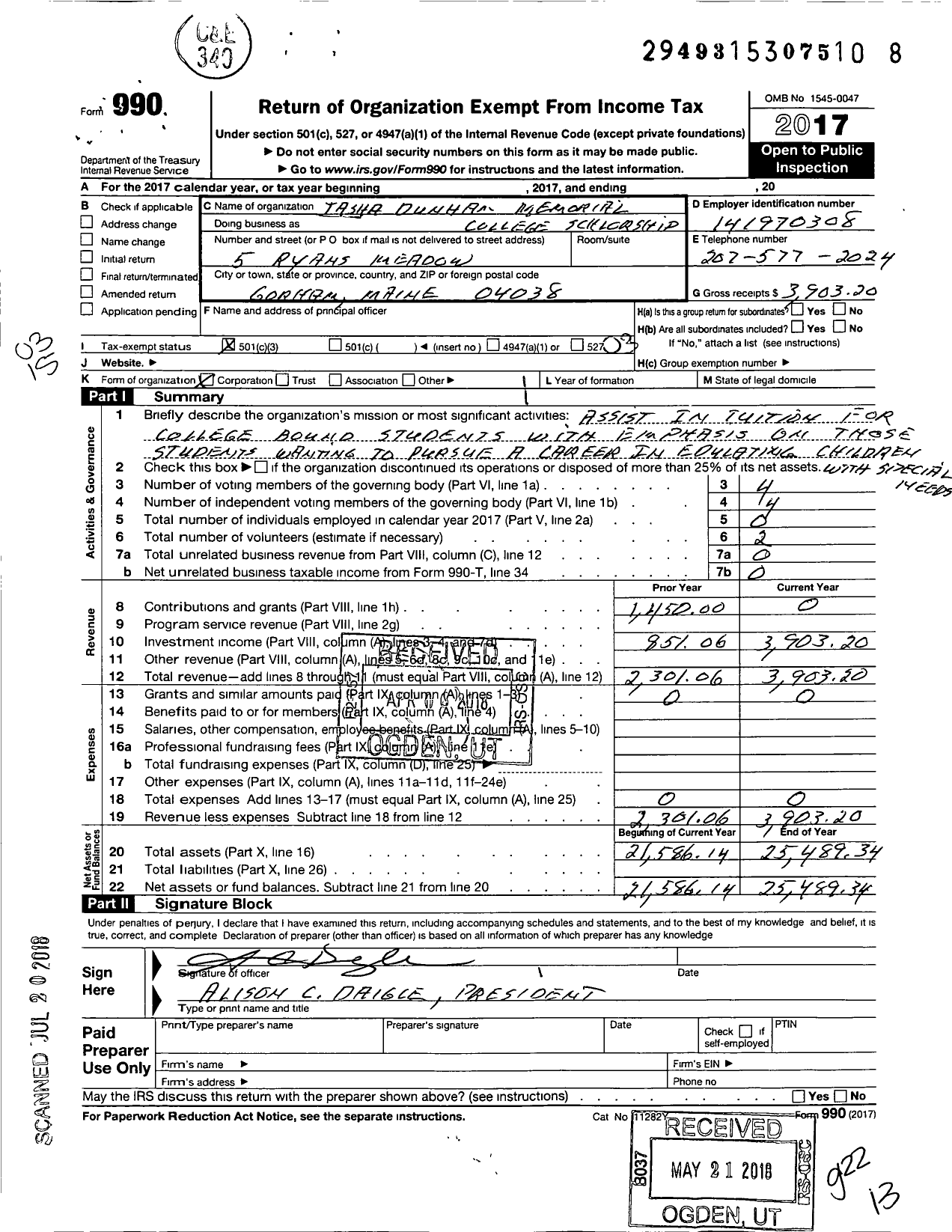 Image of first page of 2017 Form 990 for Tasha Dunham Memorial College Scholarship