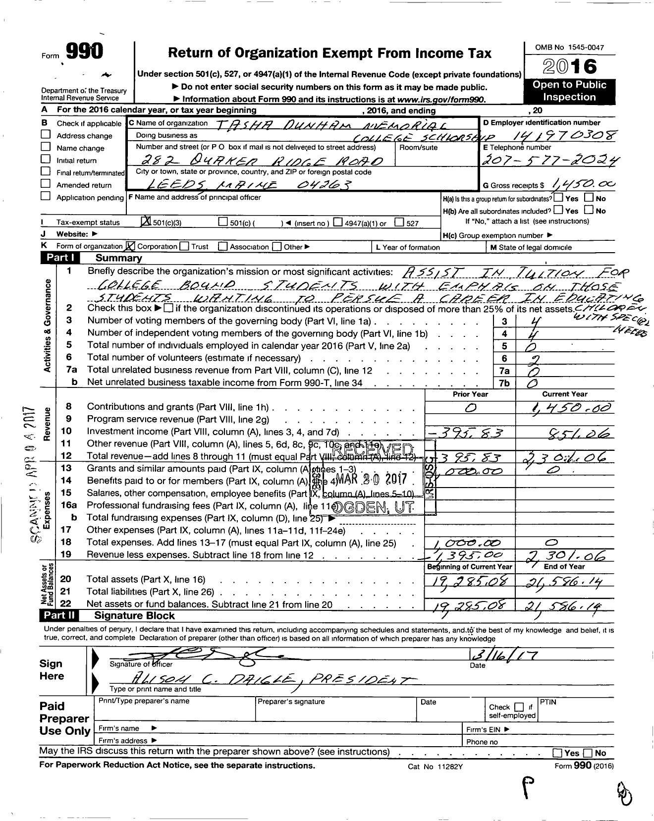 Image of first page of 2016 Form 990 for Tasha Dunham Memorial College Scholarship