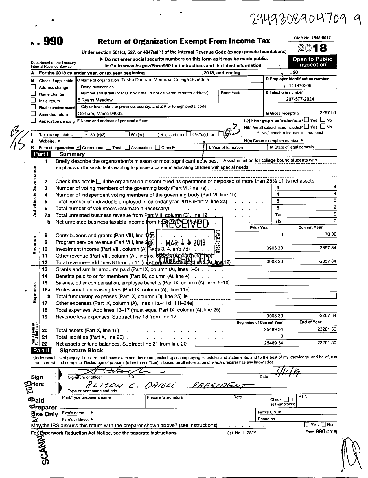 Image of first page of 2018 Form 990 for Tasha Dunham Memorial College Scholarship