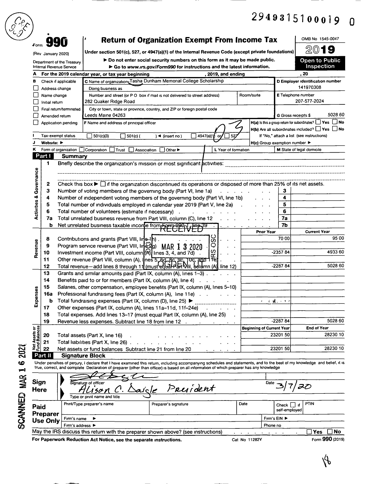 Image of first page of 2019 Form 990 for Tasha Dunham Memorial College Scholarship