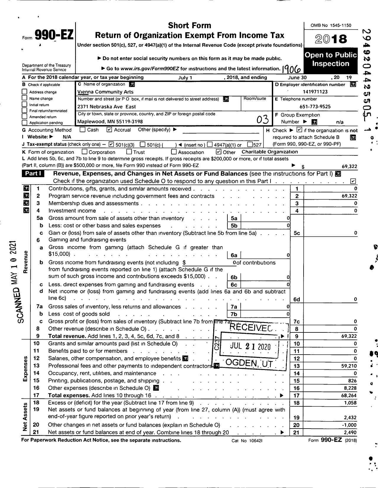 Image of first page of 2018 Form 990EZ for Vienna Community Arts