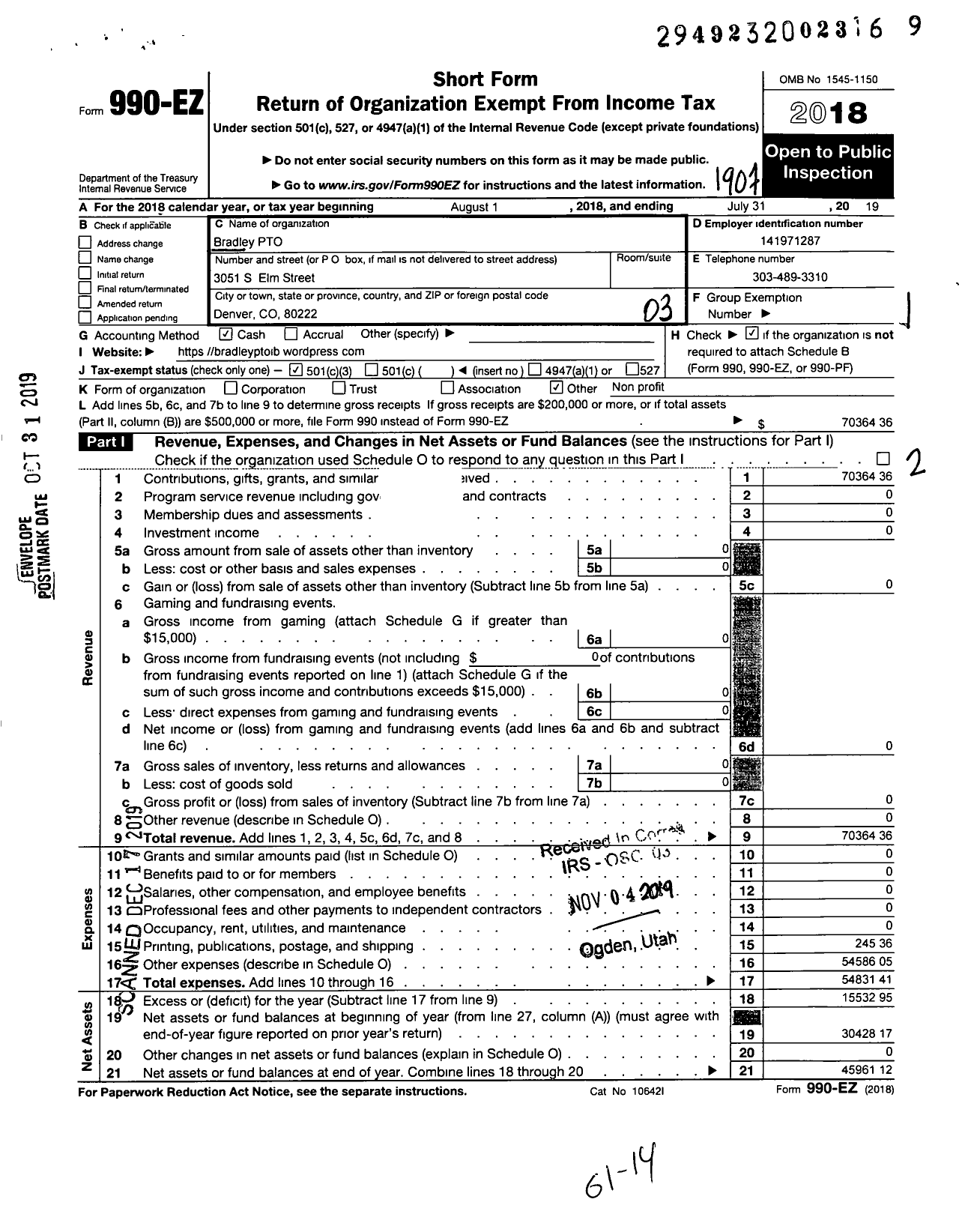 Image of first page of 2018 Form 990EZ for Bradley Pto