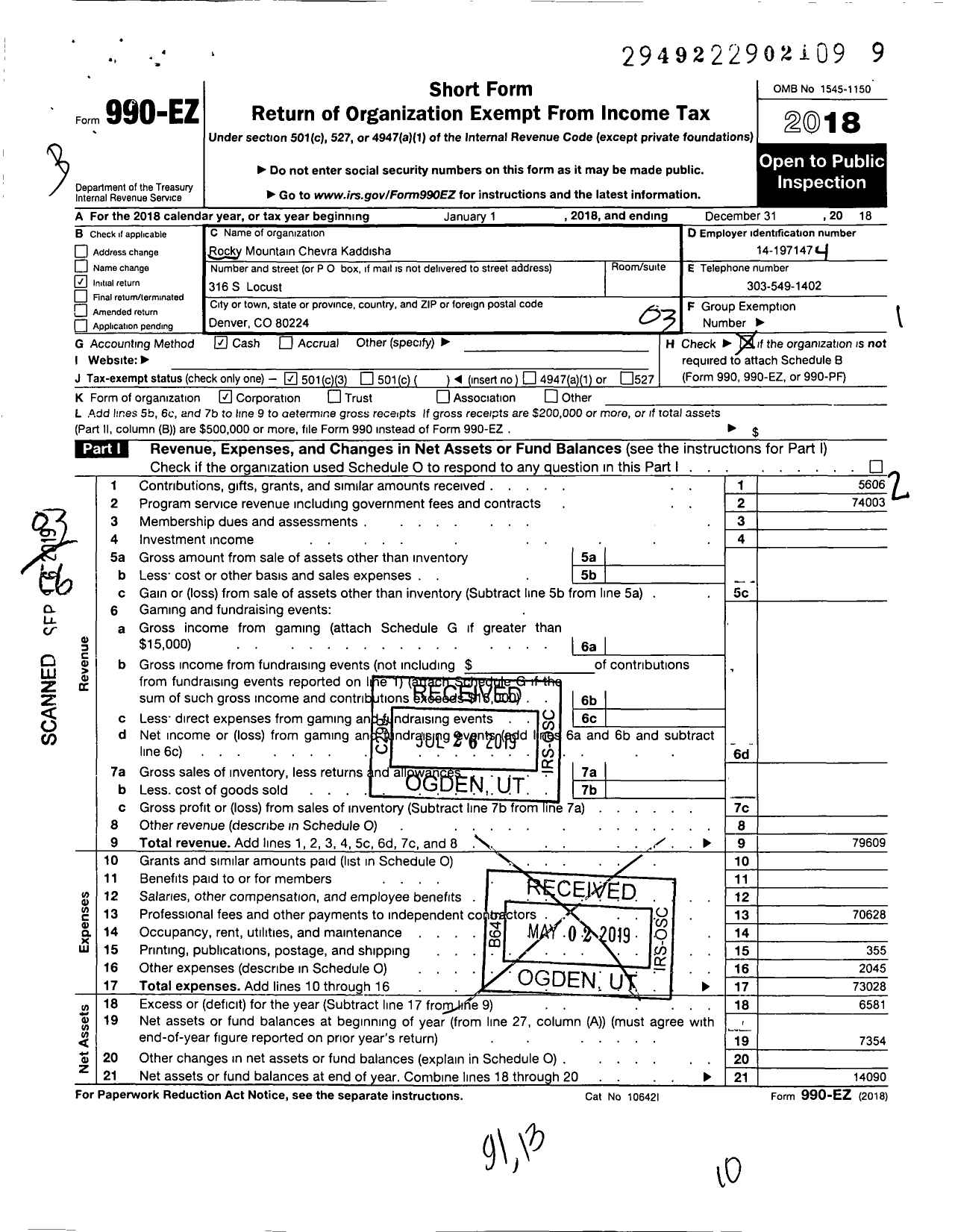 Image of first page of 2018 Form 990EZ for Rocky Mountain Chevra Kaddisha