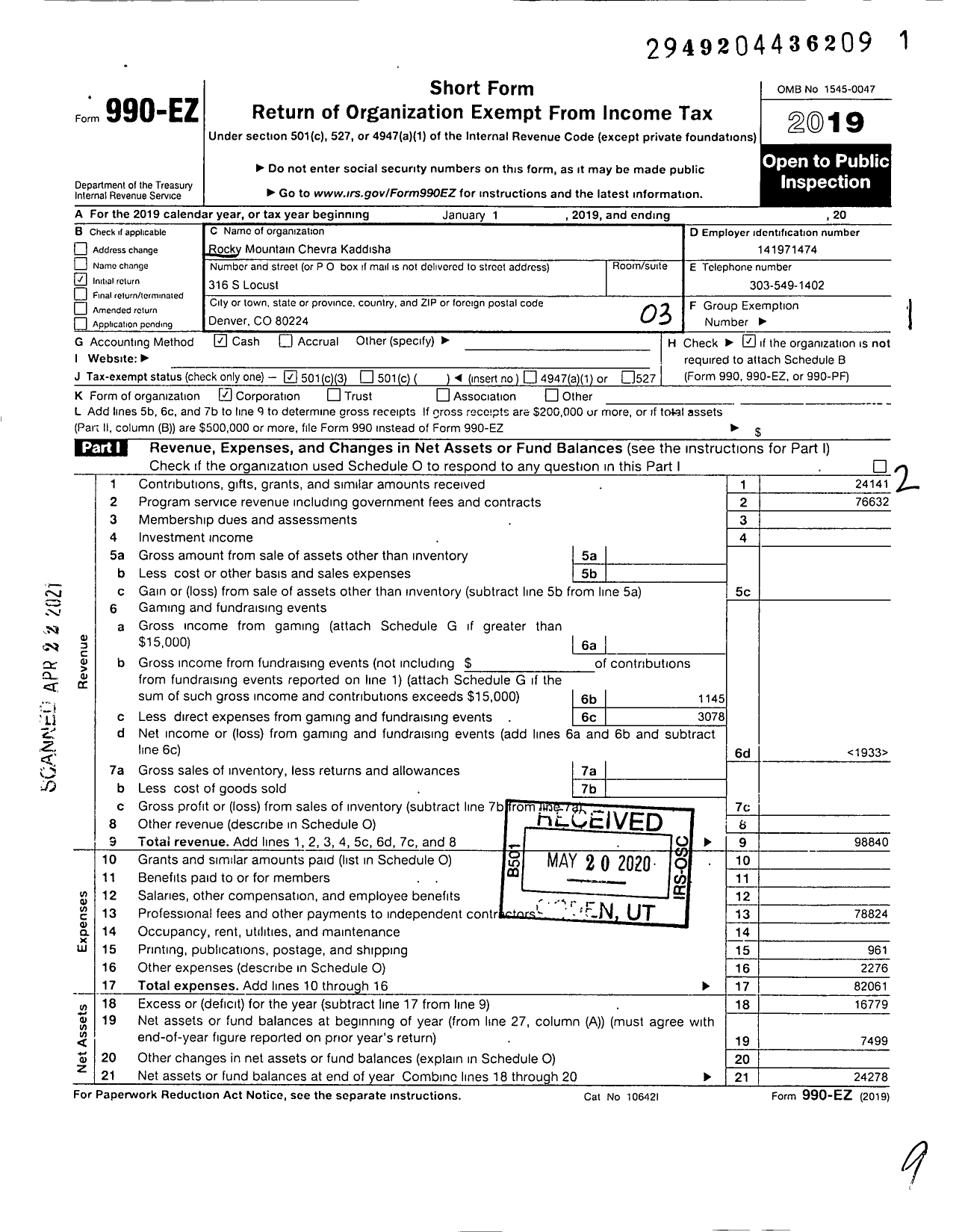 Image of first page of 2019 Form 990EZ for Rocky Mountain Chevra Kaddisha