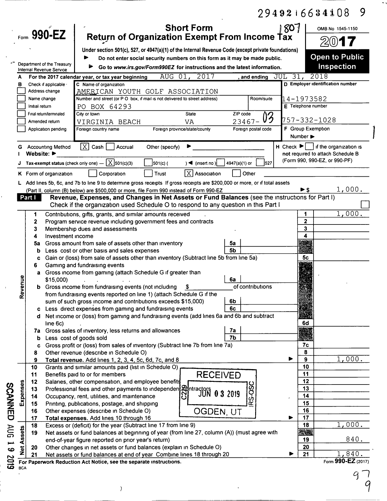 Image of first page of 2017 Form 990EZ for America Youth Golf Association