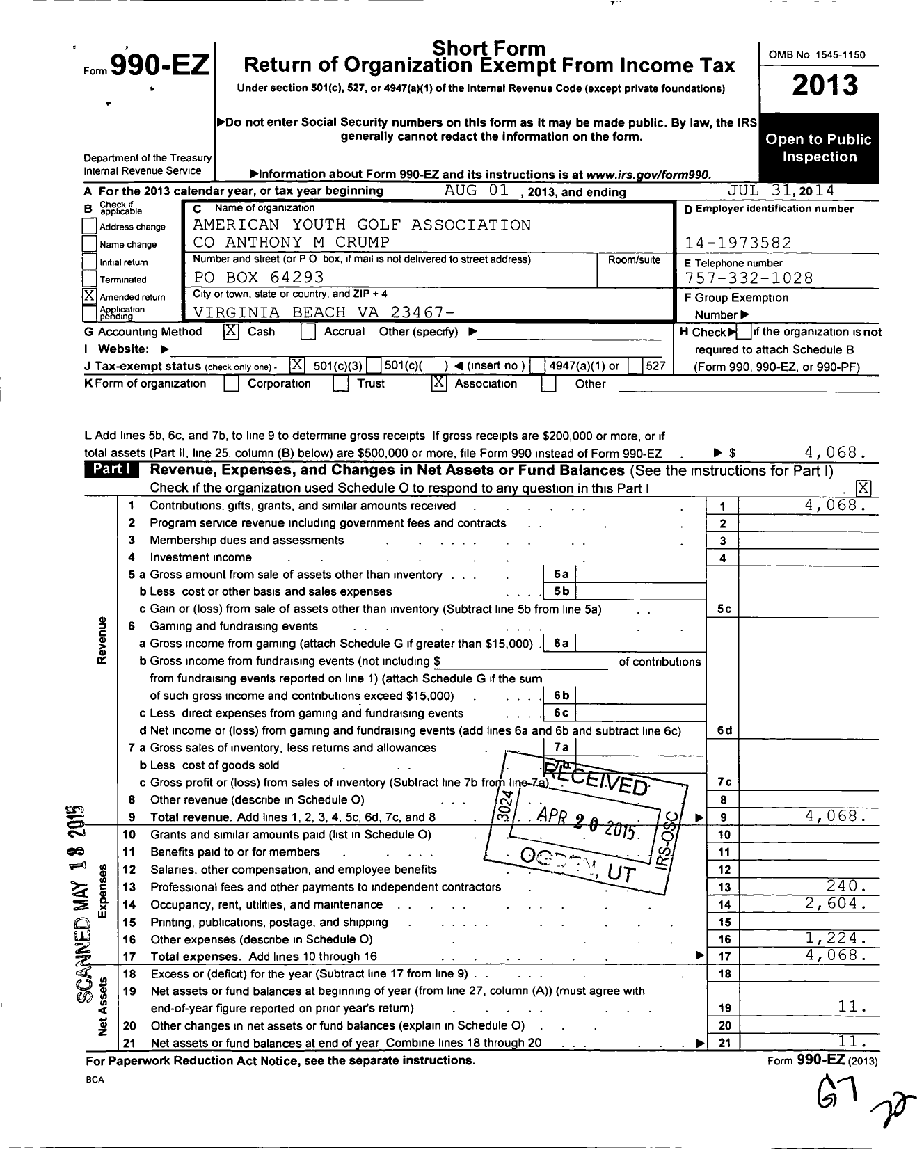 Image of first page of 2013 Form 990EZ for America Youth Golf Association