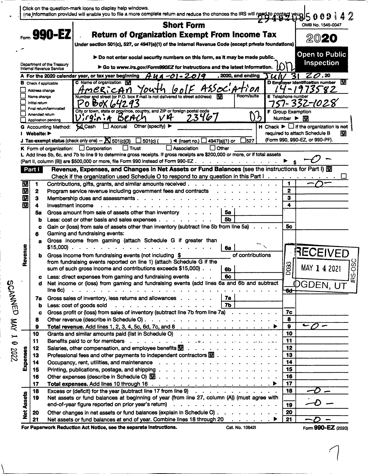 Image of first page of 2020 Form 990EZ for America Youth Golf Association