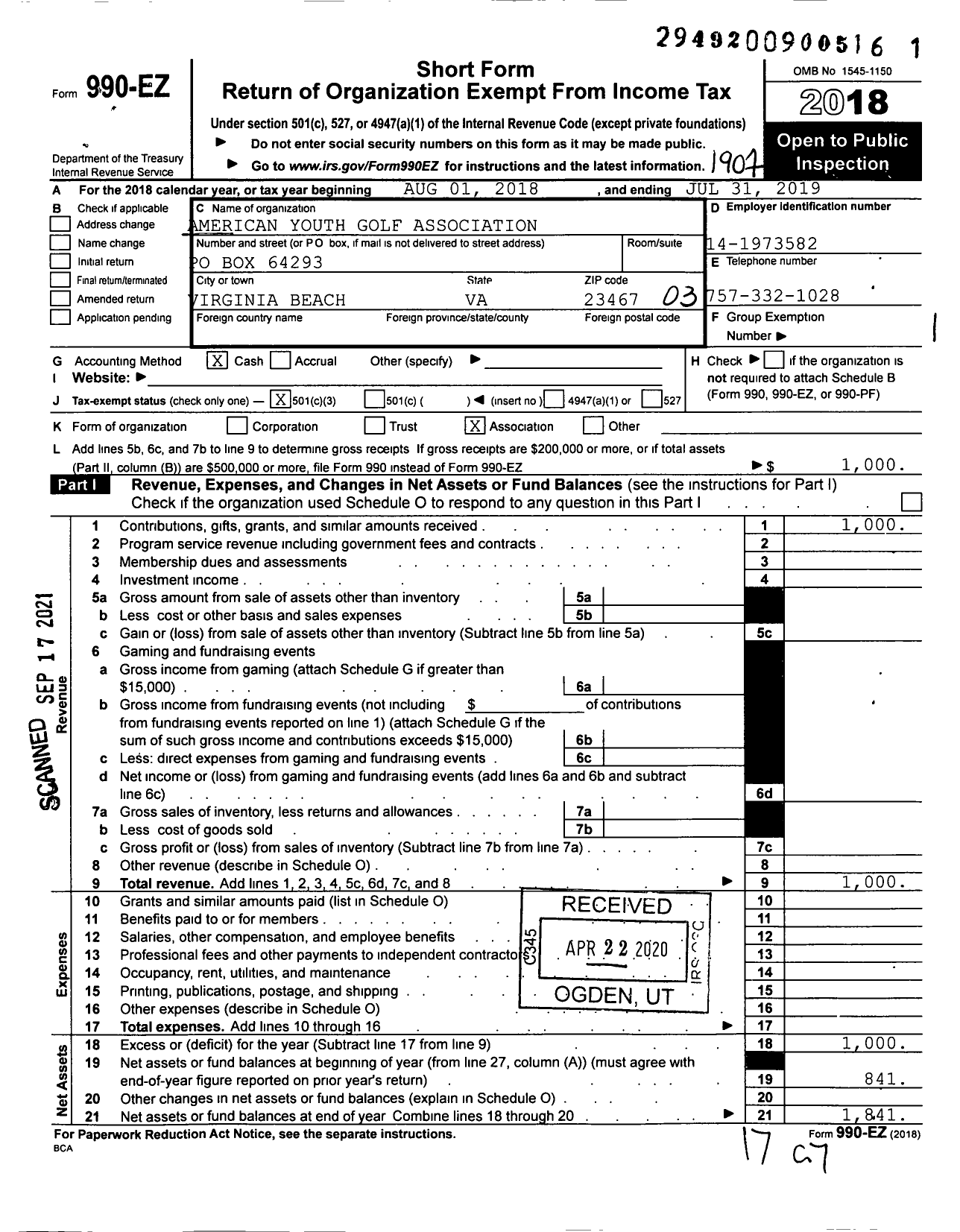 Image of first page of 2018 Form 990EZ for America Youth Golf Association