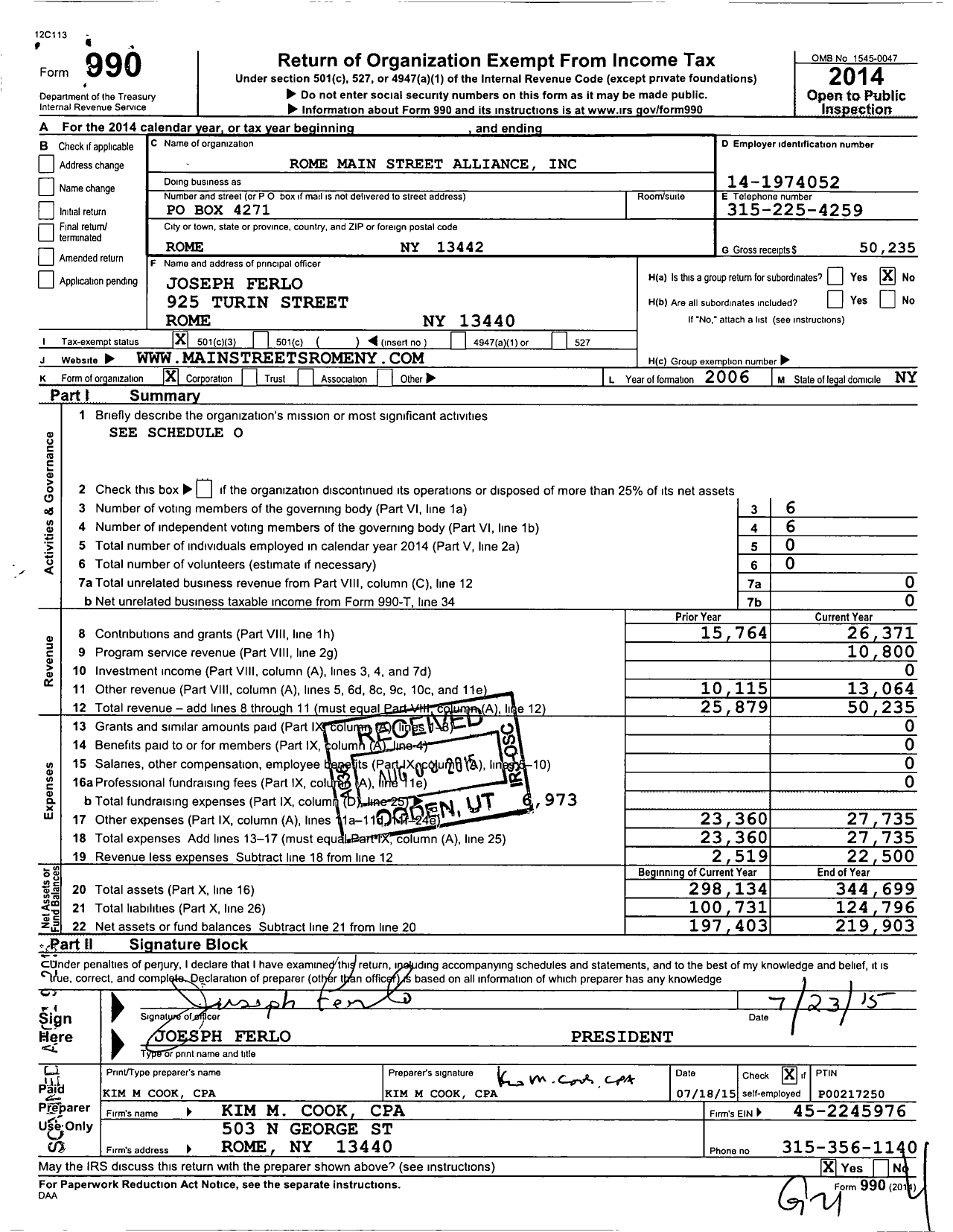 Image of first page of 2014 Form 990 for Rome Main Street Alliance