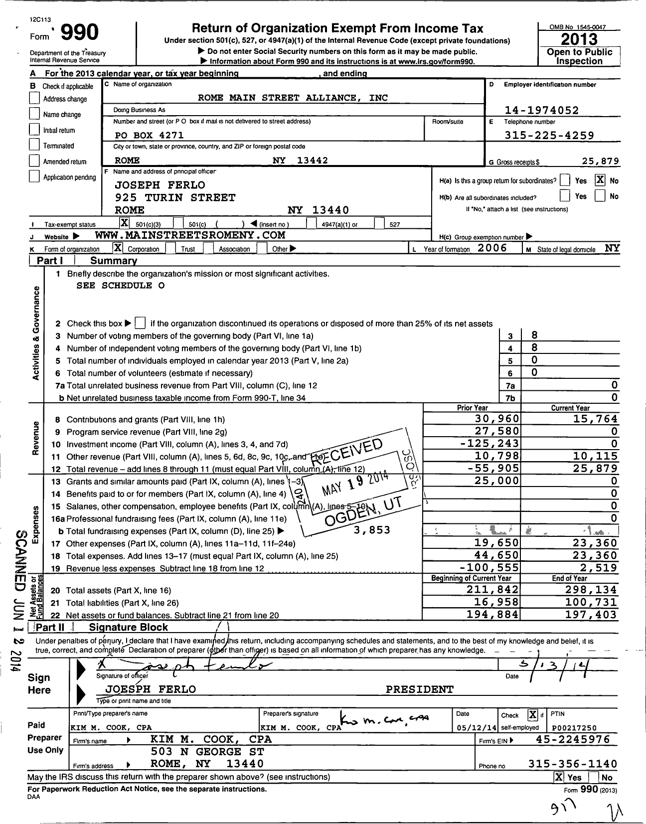 Image of first page of 2013 Form 990 for Rome Main Street Alliance