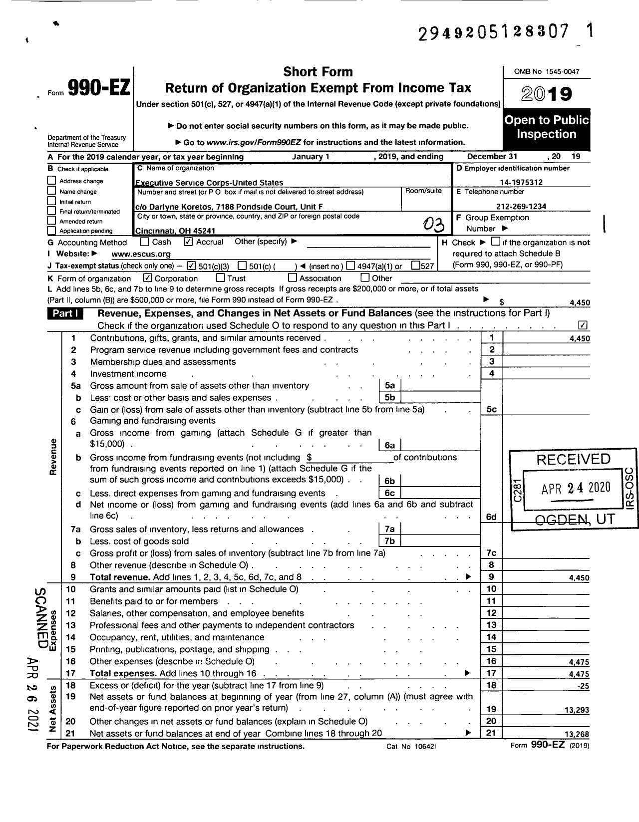 Image of first page of 2019 Form 990EZ for Executive Service Corps United States (ESC-US)