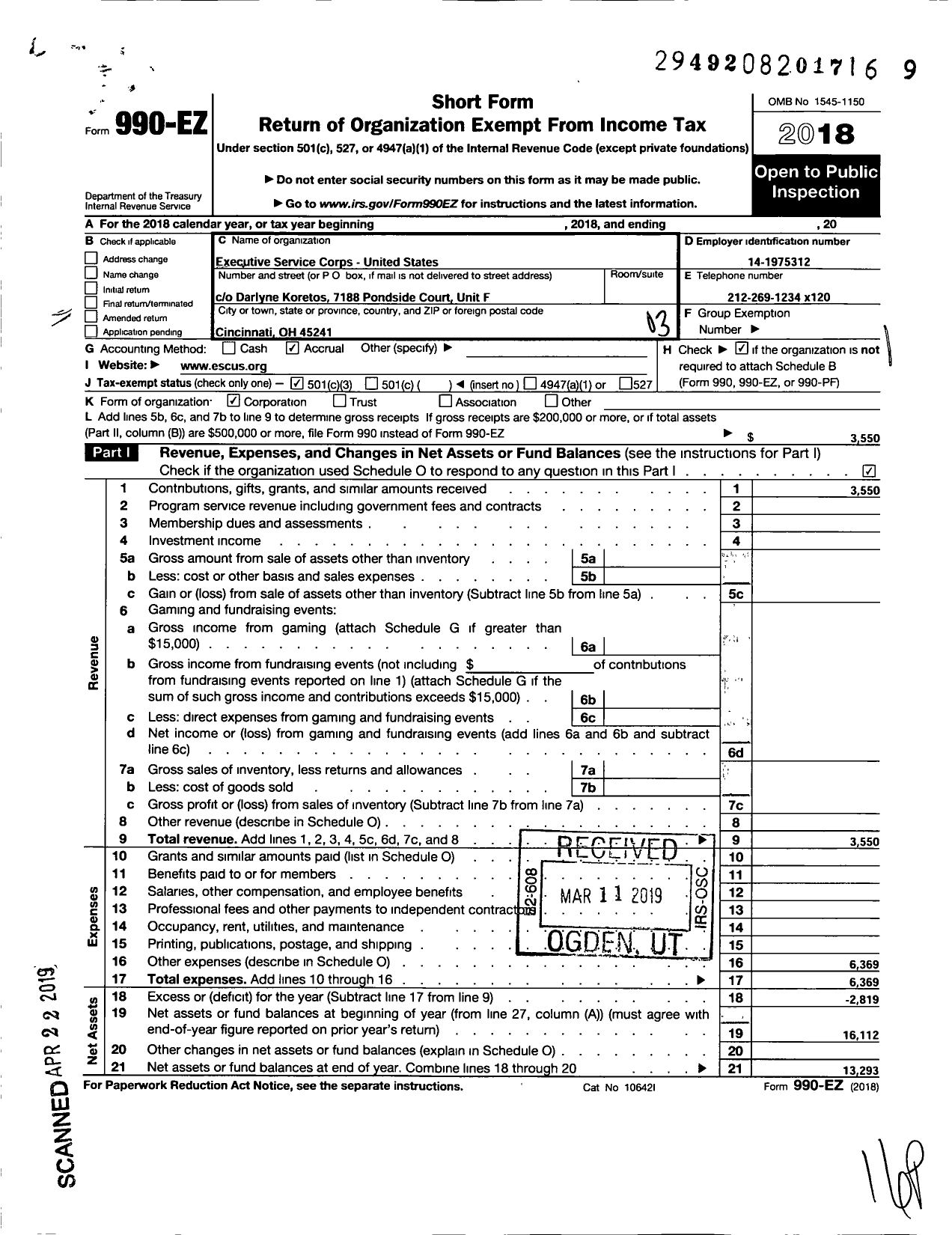 Image of first page of 2018 Form 990EZ for Executive Service Corps United States (ESC-US)