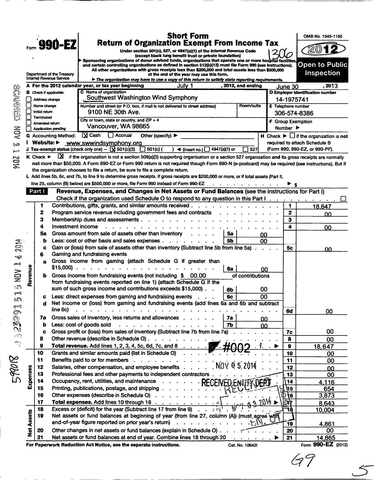 Image of first page of 2012 Form 990EZ for Southwest Washington Wind Symphony