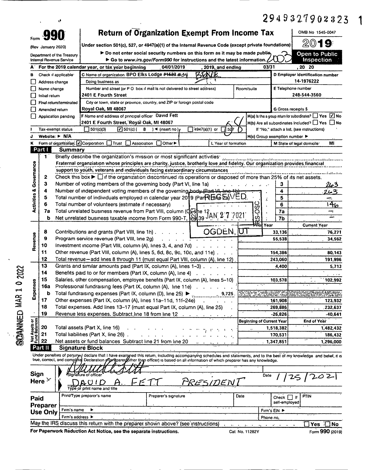 Image of first page of 2019 Form 990O for Benevolent and Protective Order of Elks - 34 Royal Oak-Detroit