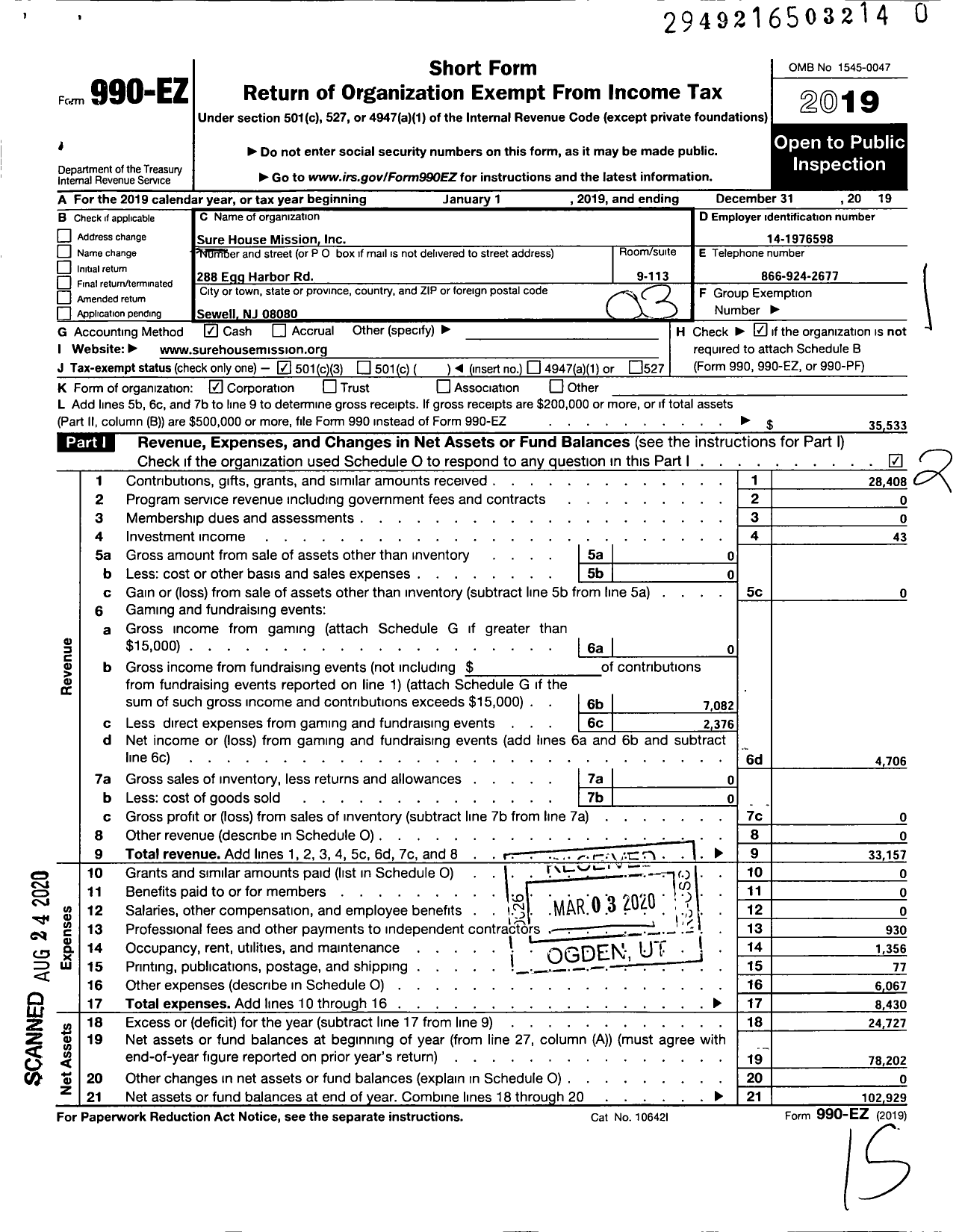 Image of first page of 2019 Form 990EZ for Sure House Mission