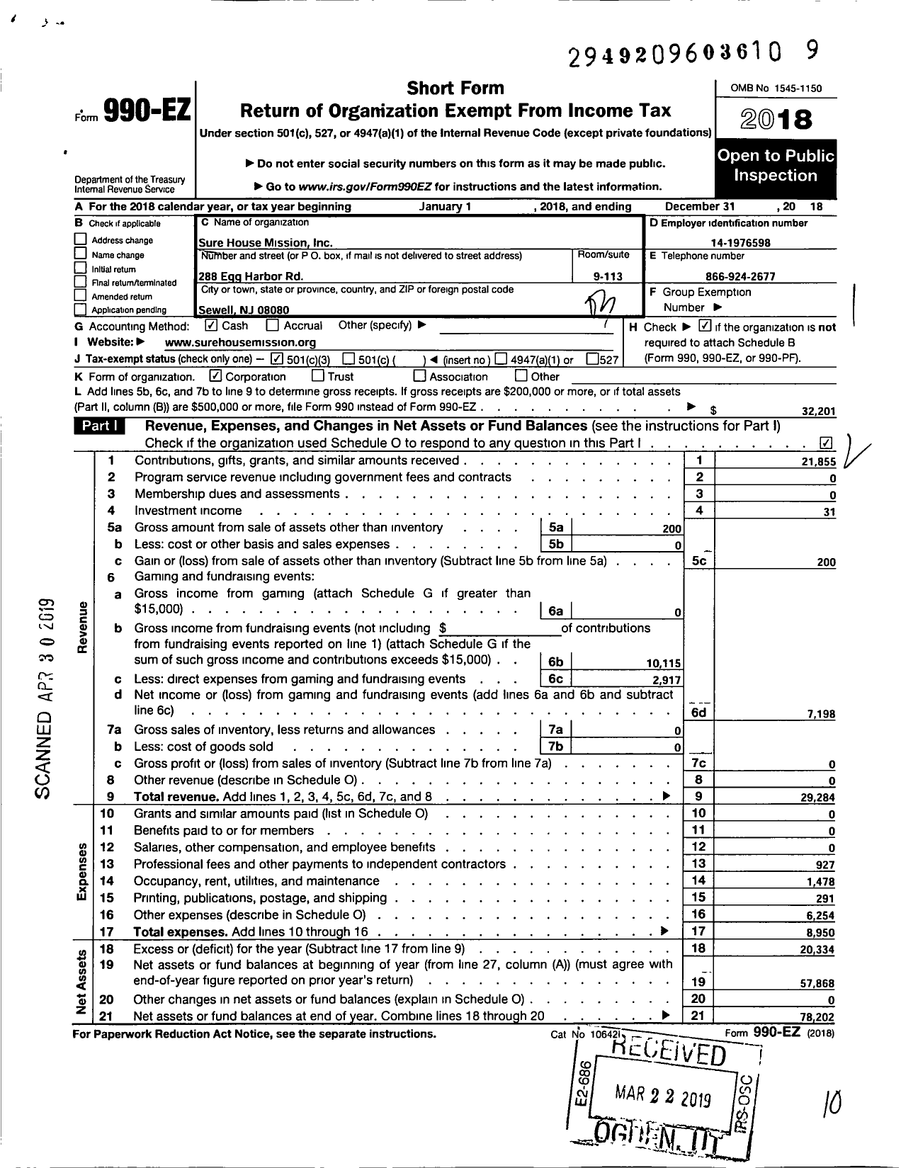 Image of first page of 2018 Form 990EZ for Sure House Mission