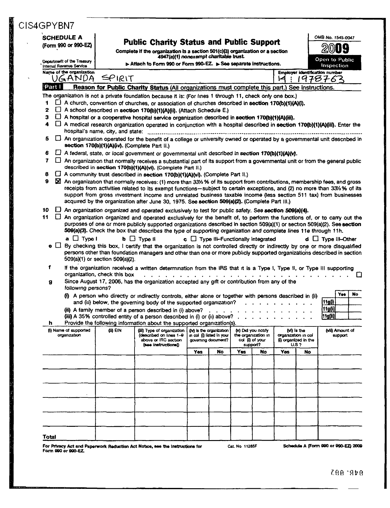 Image of first page of 2009 Form 990ER for Uganda Spirit