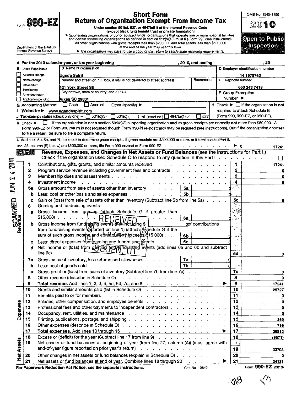 Image of first page of 2010 Form 990EO for Uganda Spirit