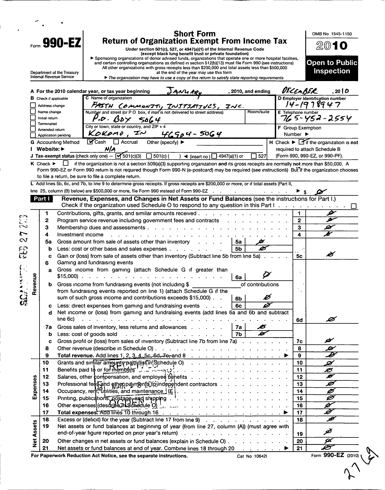 Image of first page of 2010 Form 990EZ for Faith Community Initiatives