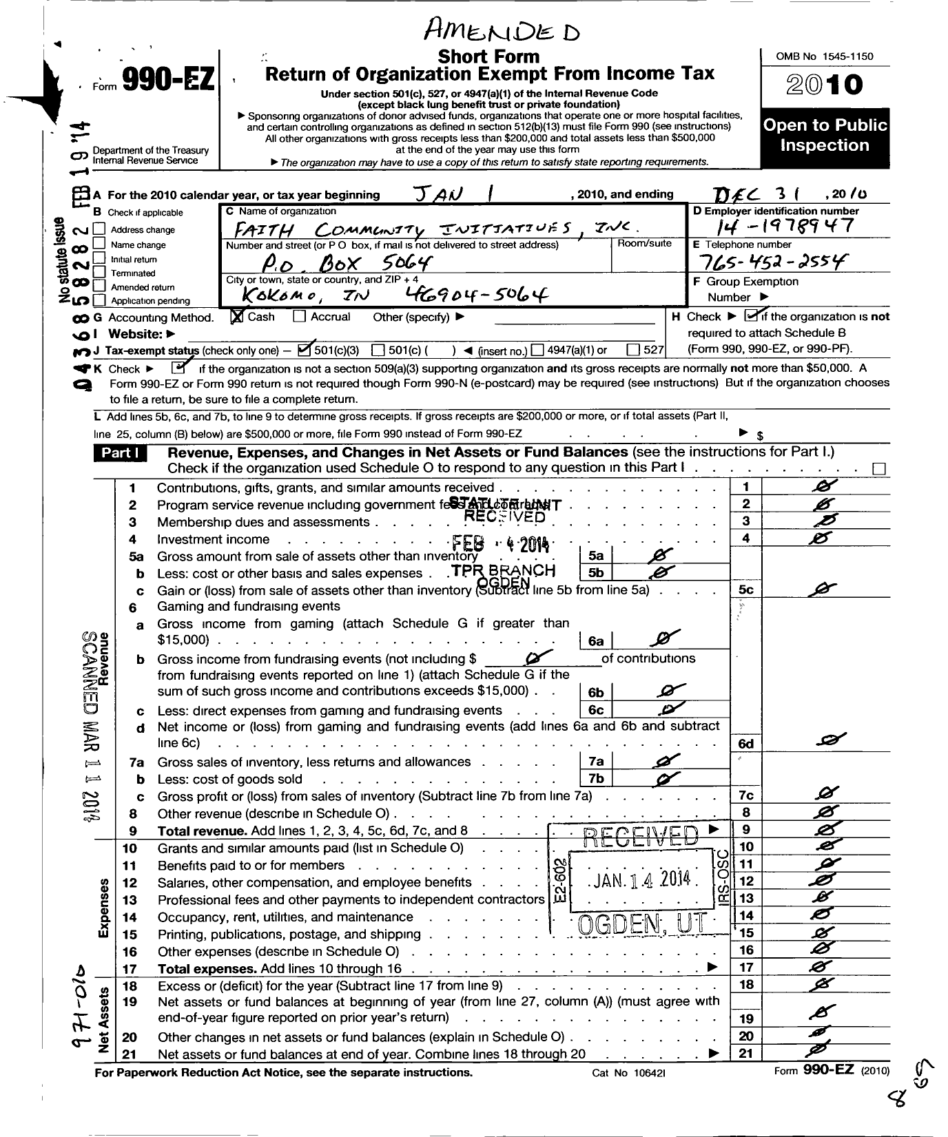 Image of first page of 2010 Form 990EZ for Faith Community Initiatives