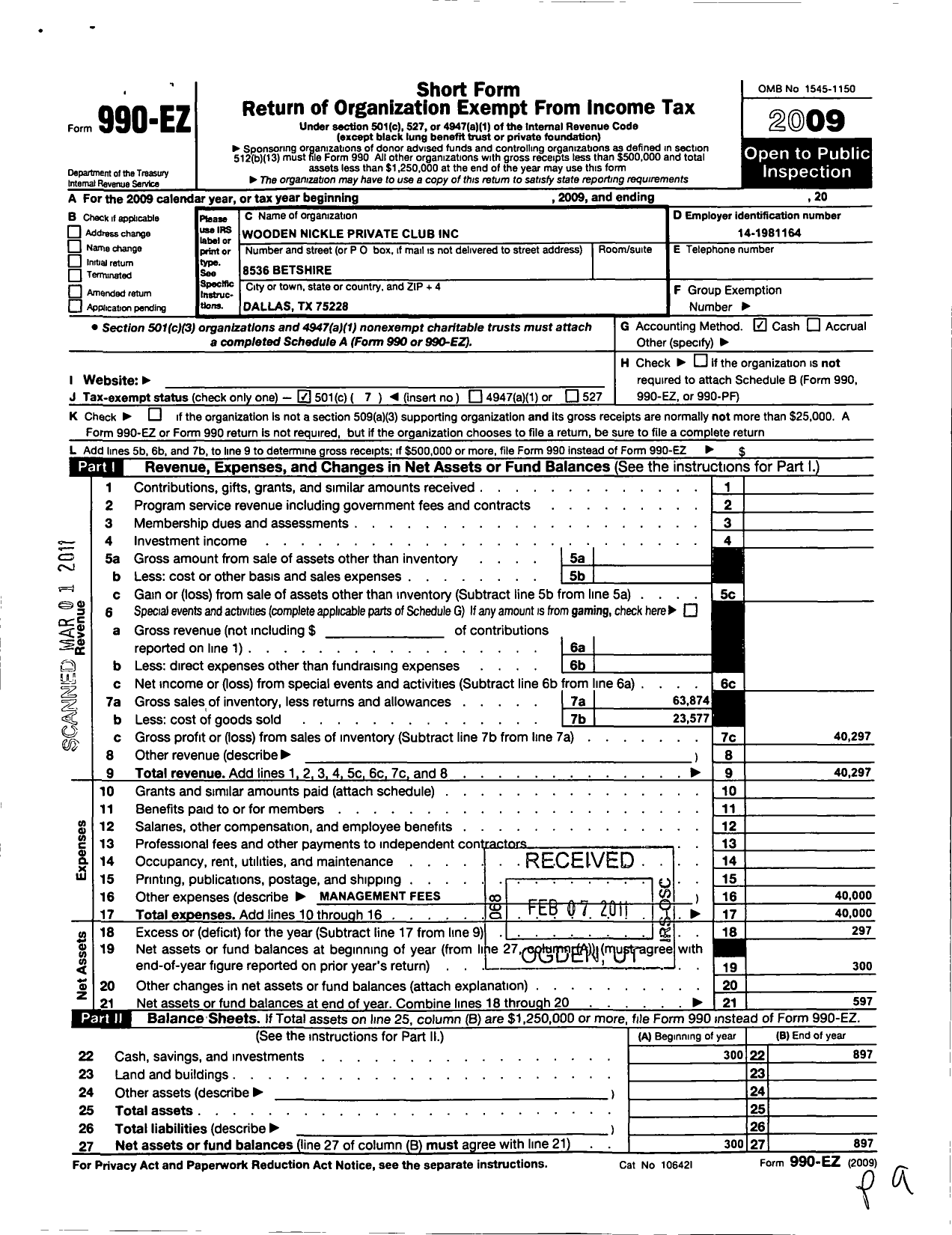 Image of first page of 2009 Form 990EO for Wooden Nickel Private Club