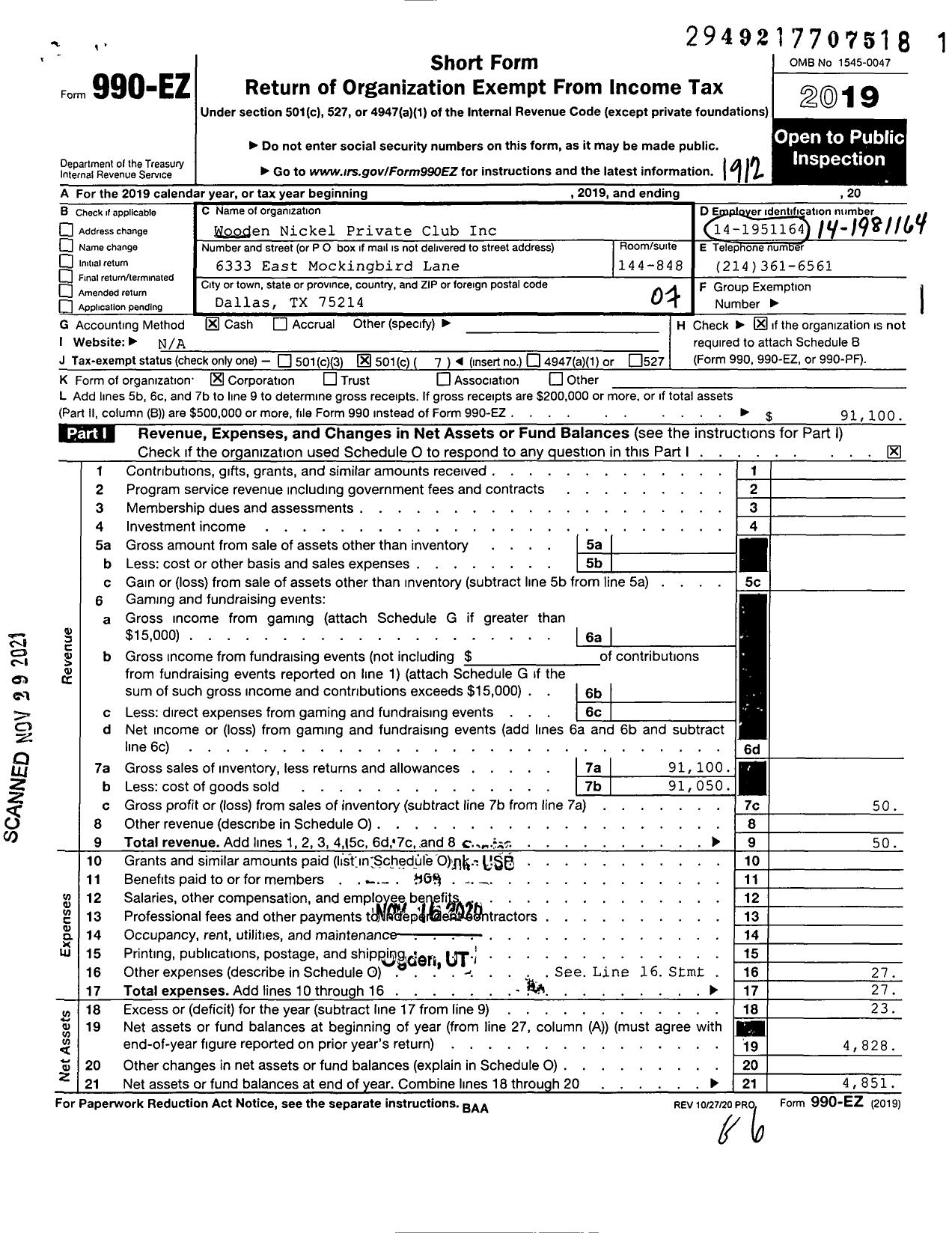 Image of first page of 2019 Form 990EO for Wooden Nickel Private Club