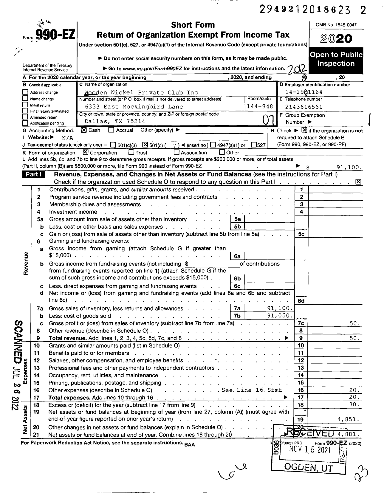 Image of first page of 2020 Form 990EO for Wooden Nickel Private Club