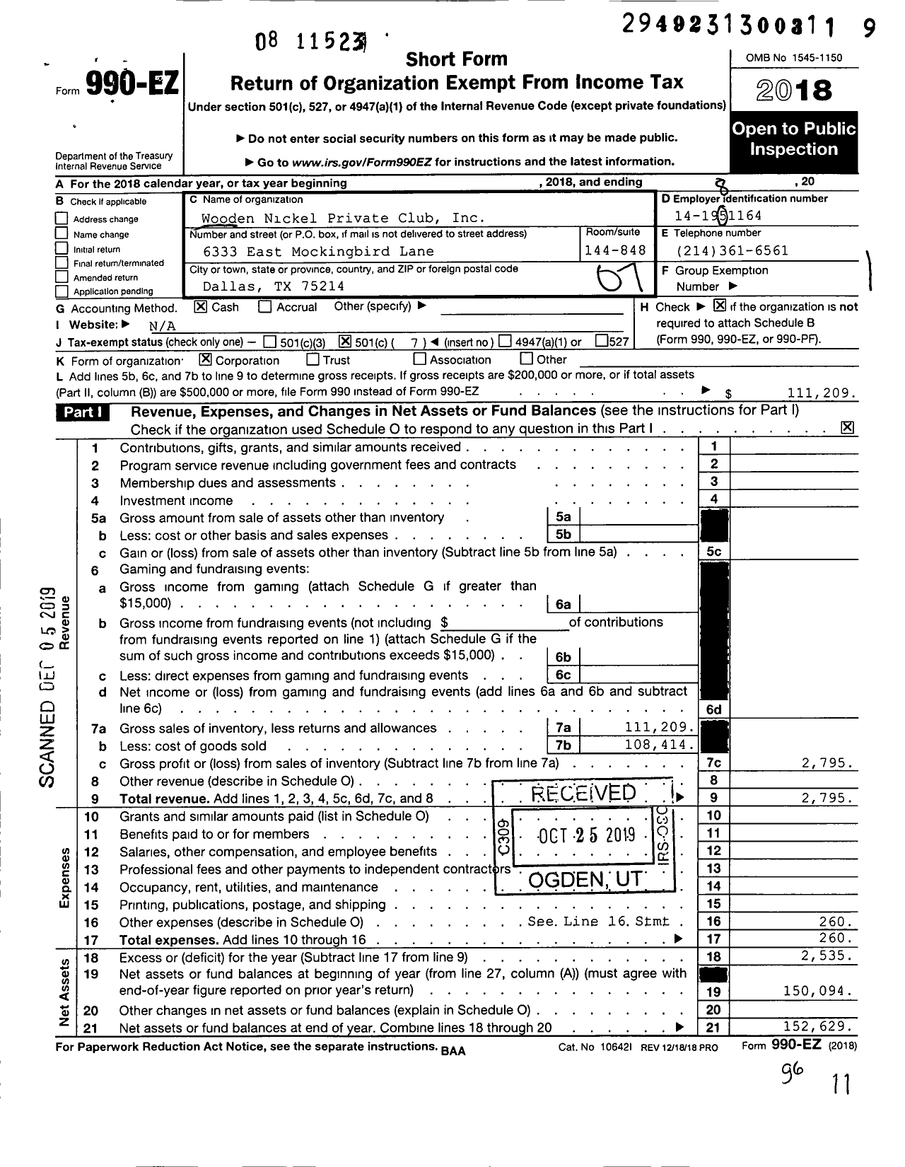 Image of first page of 2018 Form 990EO for Wooden Nickel Private Club