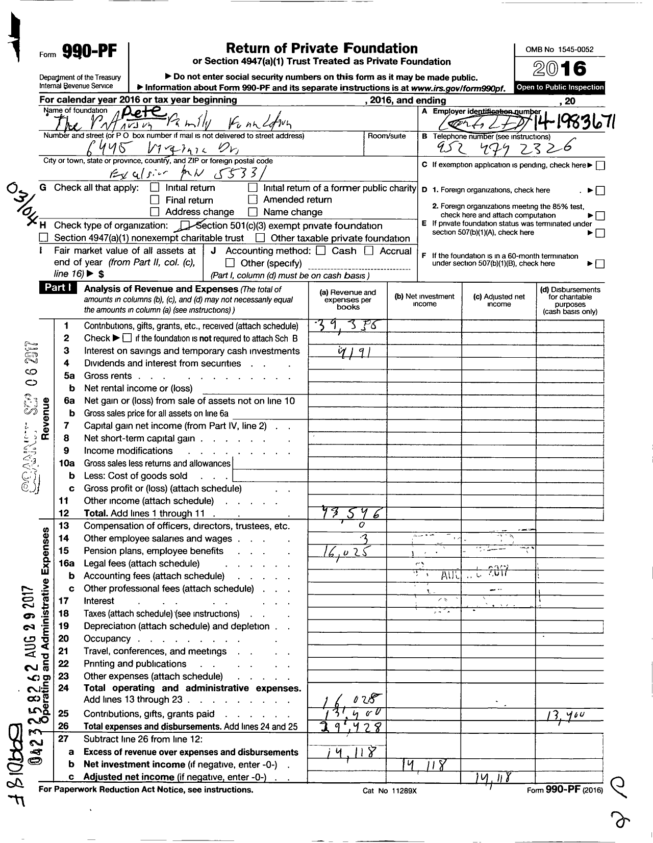 Image of first page of 2016 Form 990PF for The Peterson Family Foundation