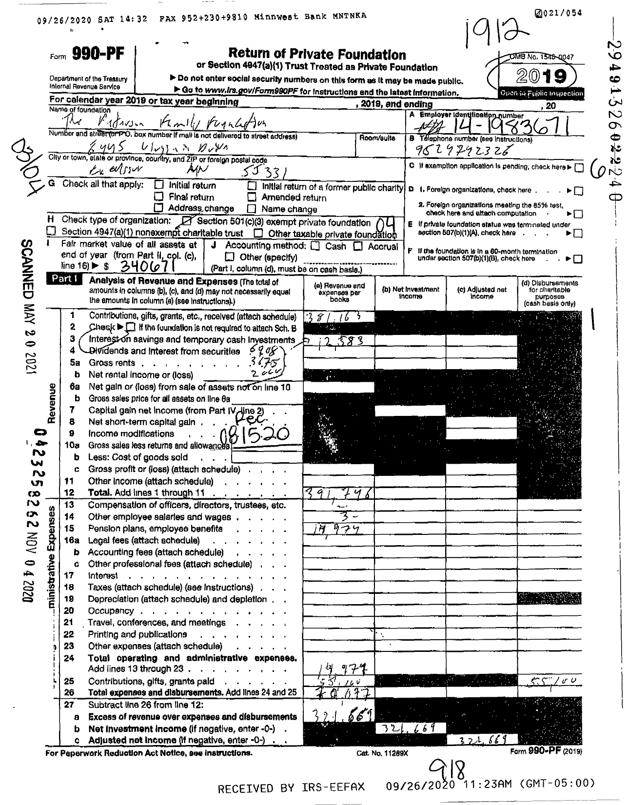 Image of first page of 2019 Form 990PF for The Peterson Family Foundation