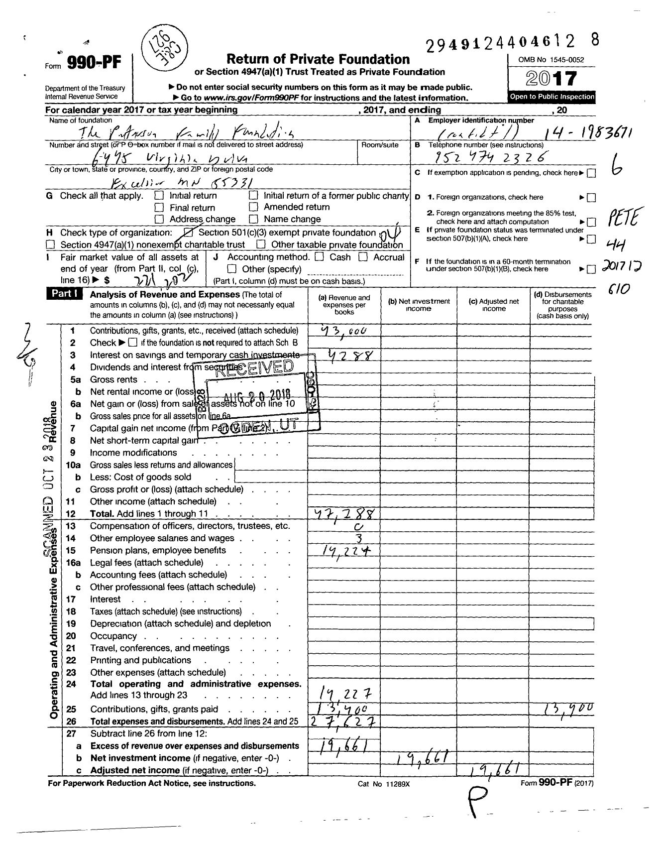 Image of first page of 2017 Form 990PF for The Peterson Family Foundation