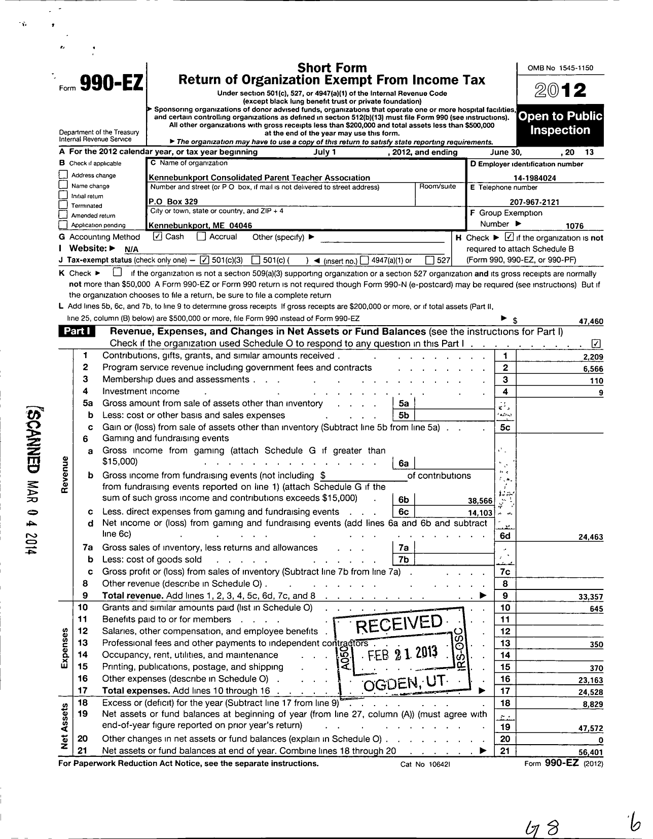 Image of first page of 2012 Form 990EZ for Maine Parent Teacher Association / Kennebunkport Consolidated PTA