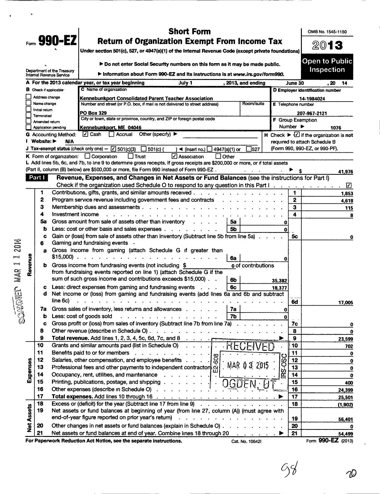 Image of first page of 2013 Form 990EZ for Maine Parent Teacher Association / Kennebunkport Consolidated PTA