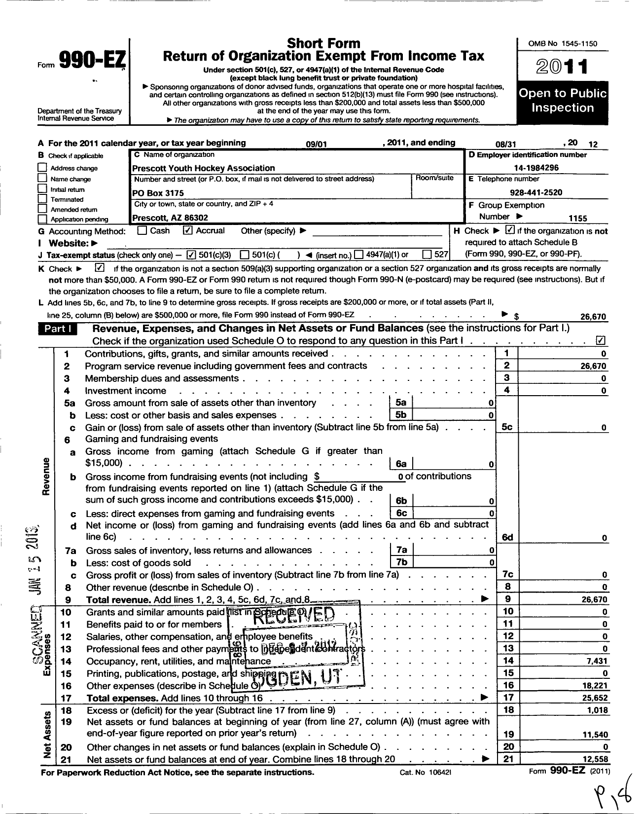 Image of first page of 2011 Form 990EZ for Amateur Athletic Union - Prescott Youth Hockey Association